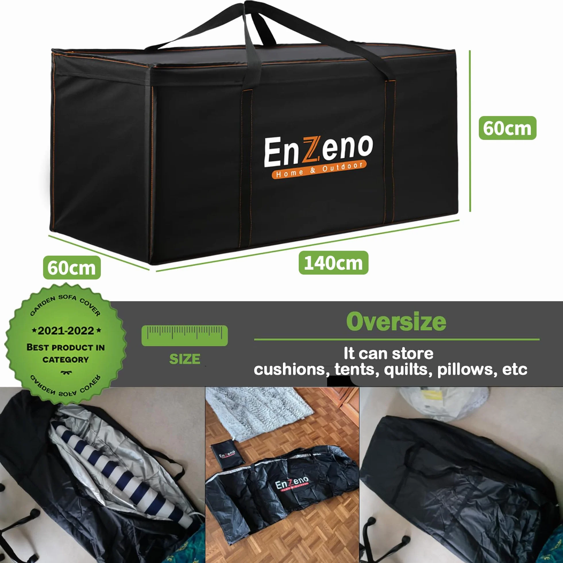 Enzeno Sac rangement coussins jardin tissu Oxford 420D imperméable anti-UV 140x60x60 cm noir