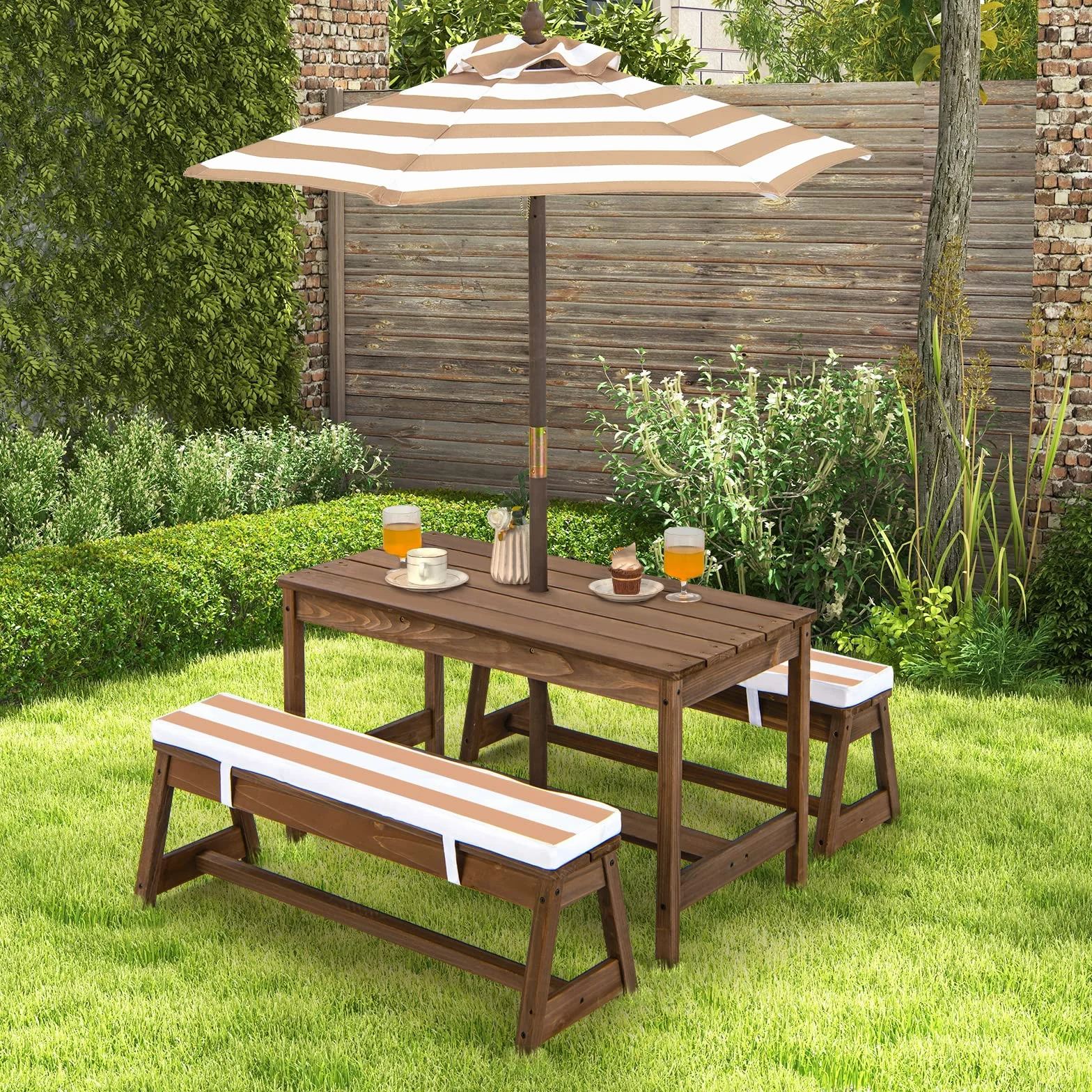 COSTWAY Table de Pique-Nique Enfants avec Parasol Réglable, Salon Jardin Bois Coussins, 89 x 44 x 50 cm Marron