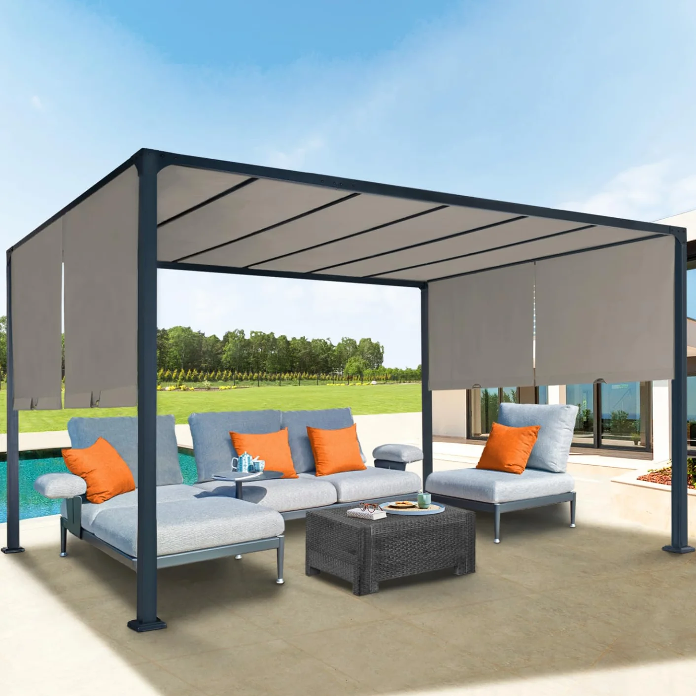 Pergola coulissante 2 pans 3x4 M belvédère Jardin Toile Taupe