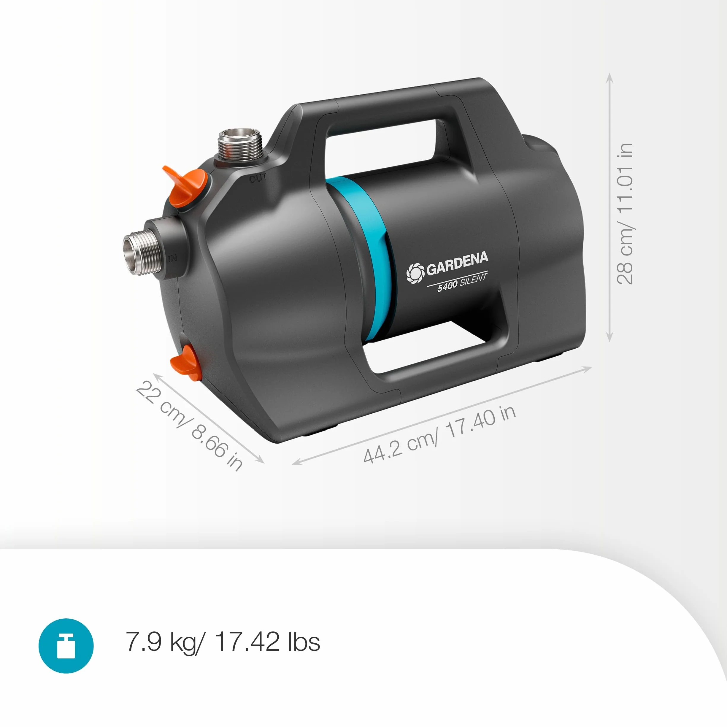 Gardena Pompe de jardin 5400 Silent Pompes: 26% de débit en plus pour la même consommation d'énergie que son prédécesseur*, Fonctionnement silencieux, Boîtier résistant à la pluie et aux UV (9086-20)