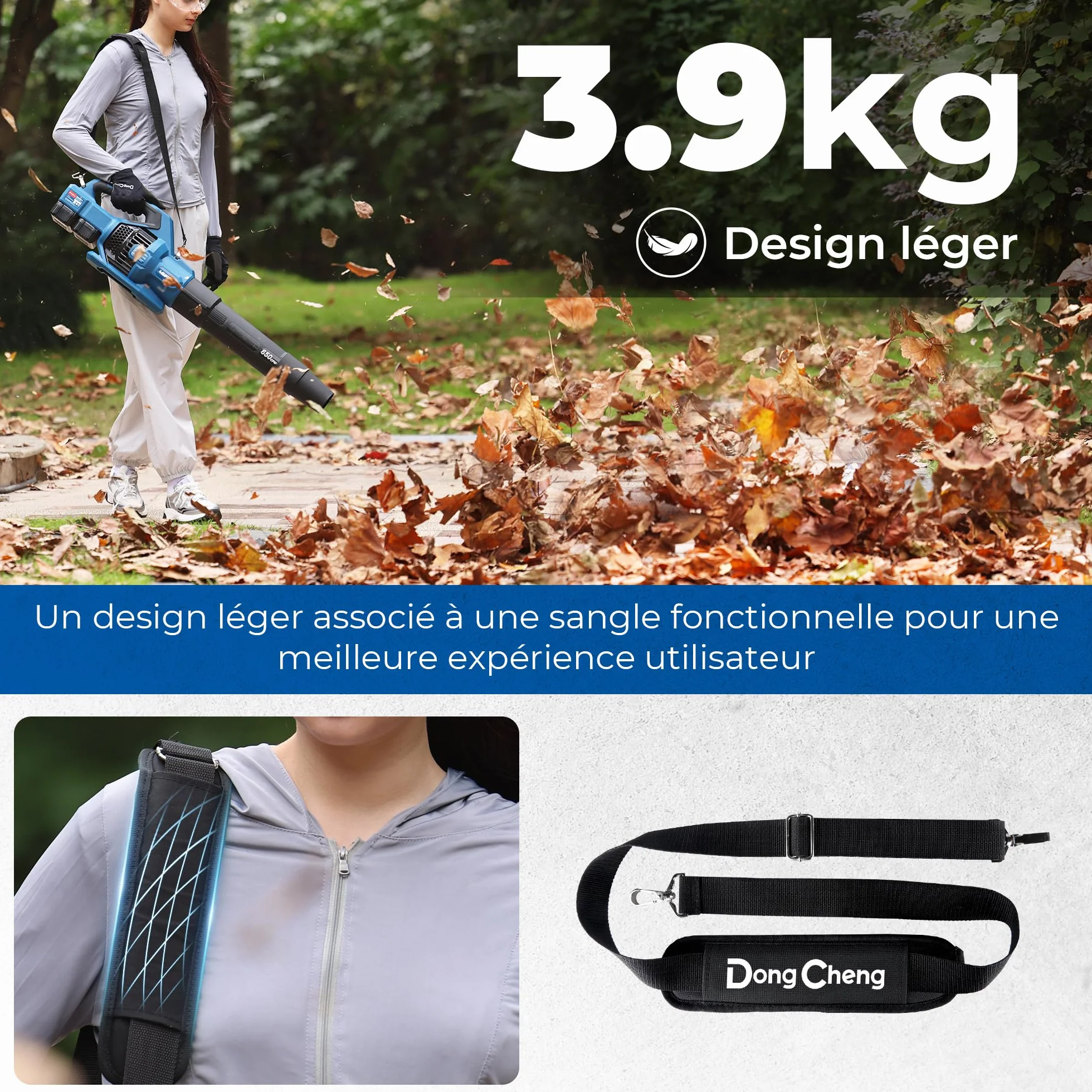 Dong Cheng Souffleur de Feuilles sans Fil 2x20V 1105 m³/h 225 km/h 6 Vitesses Mode Turbo 2x4,0Ah 3 Buses