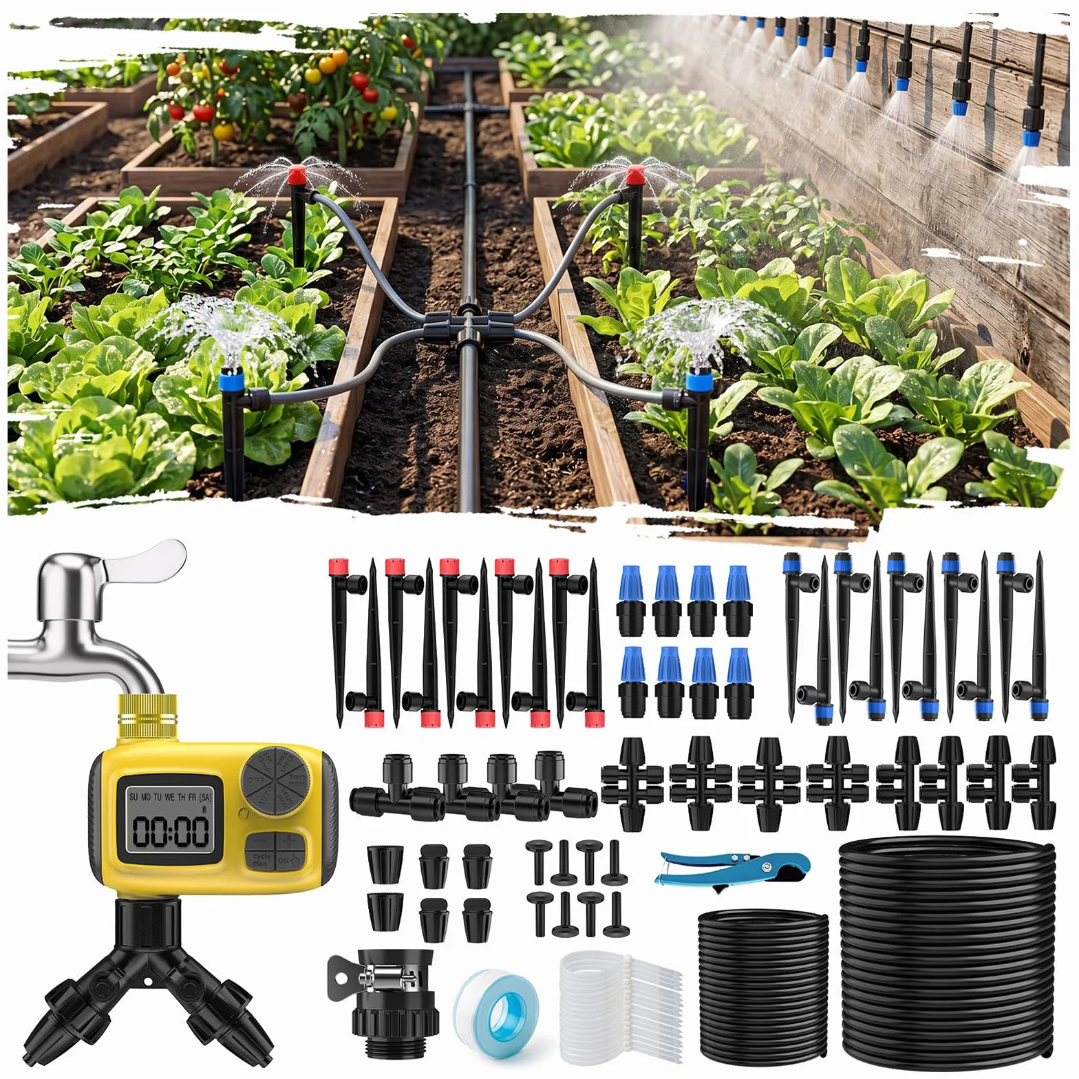 Système d'irrigation Jardin Kit Goutte à Goutte avec Programmateur Arrosage Automatique Tuyau 50m 80Pcs