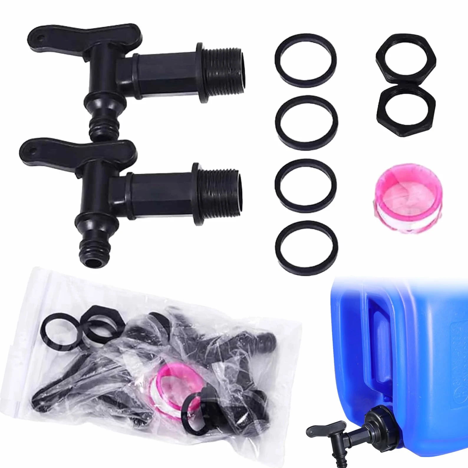 Lot de 2 Robinet Cuve Plastique 3/4" Adaptateur Tuyau Arrosage pour Jardin Citerne Réservoir Eau de Pluie (Noir)