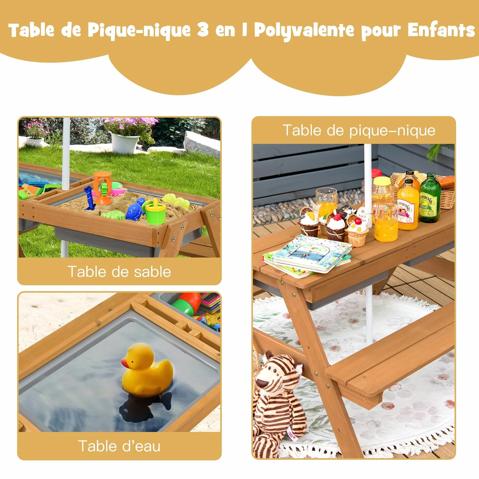 COSTWAY 3 en 1 Table de Pique-Nique Enfants avec Parasol Amovible, Table de Jardin, 2 Boîtes Sable & Eau, Charge 50kg