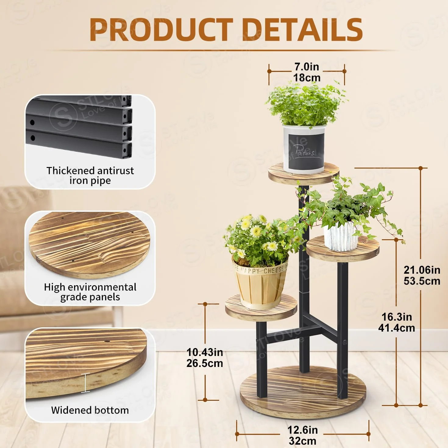 STLOVe Porte Plante Interieur 3 Niveaux Support Metal Bois Etagere Jardin Salon