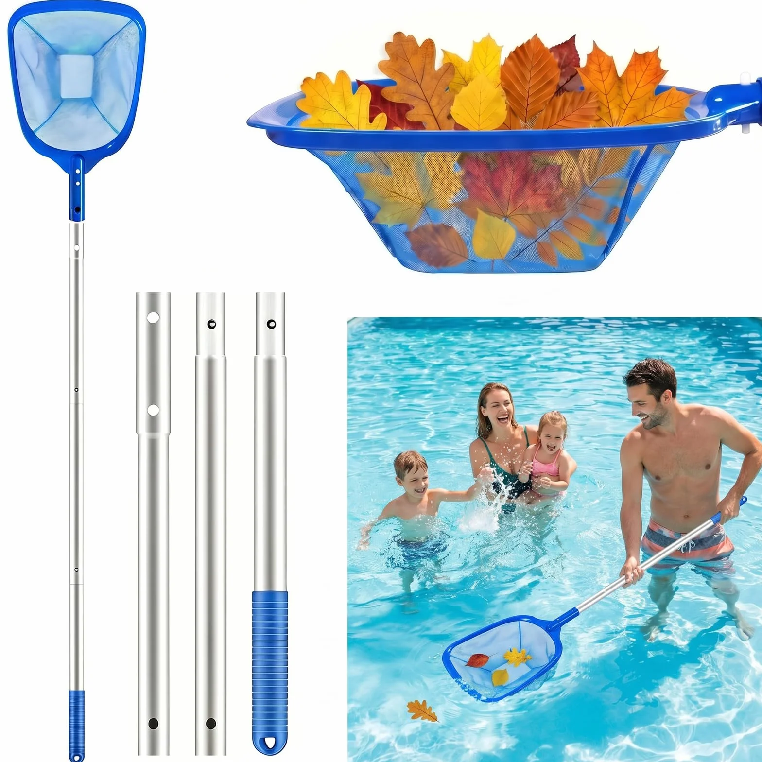 Épuisette de Piscine 140 cm Filet Télescopique Réglable pour Nettoyer Piscine Spa