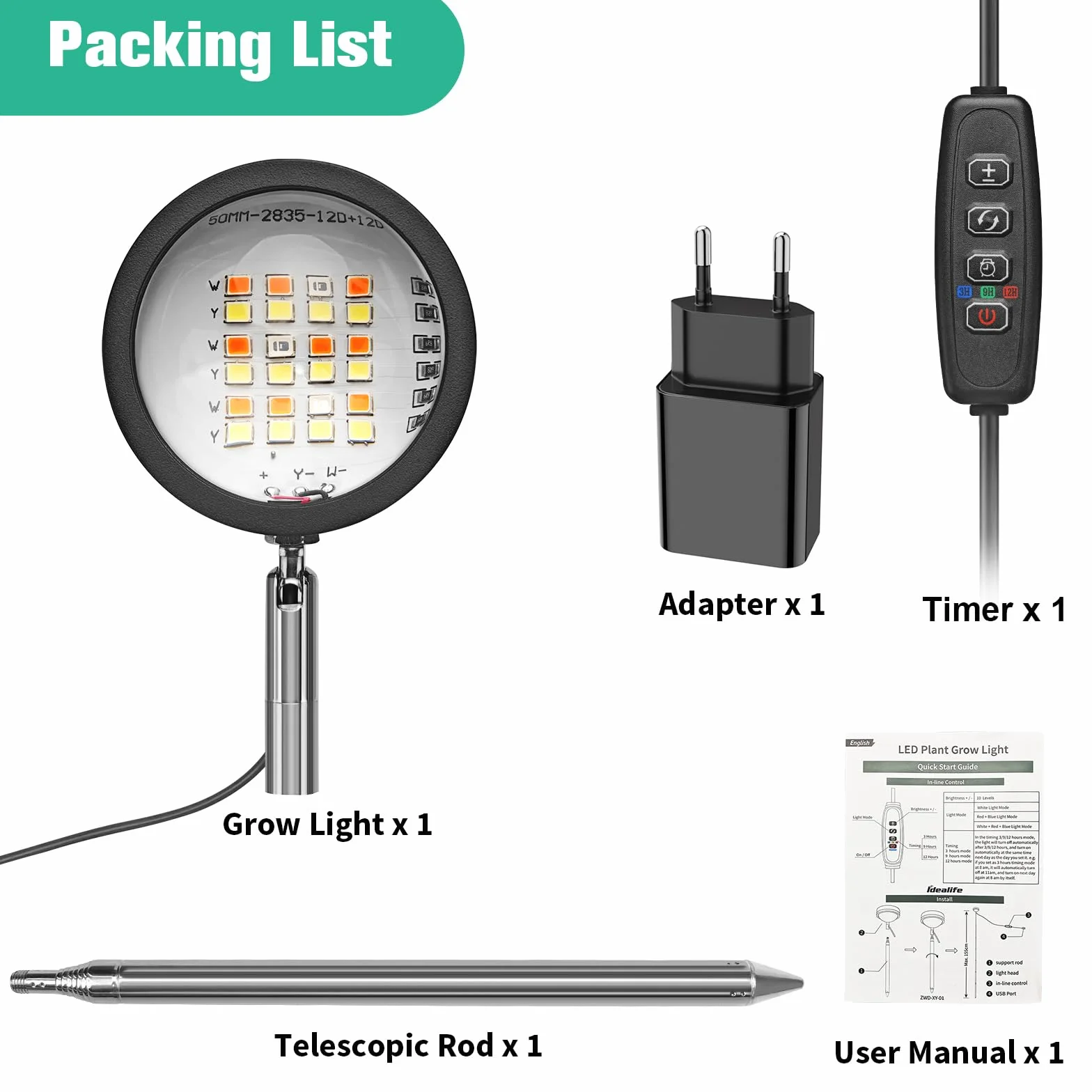 Idealife Lampe de Croissance LED Plein Spectre avec Lentille Optique, PPFD Élevé, 10 Niveaux, Hauteur Réglable