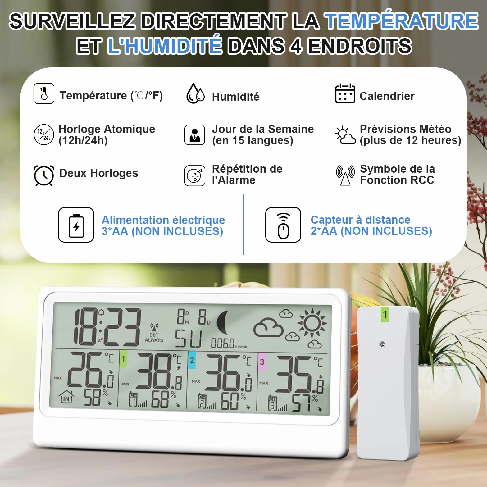 Station Météo Sans Fil 3 Capteurs Intérieur Extérieur Thermomètre Hygromètre Baromètre Écran LED 8,5" Prévisions Horloge Alarme Snooze