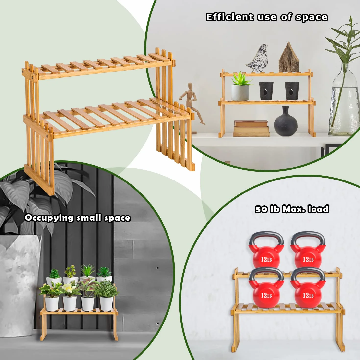 Étagère en bambou 2 niveaux pour plantes grasses 40 cm support multi-plantes organisateur bureau