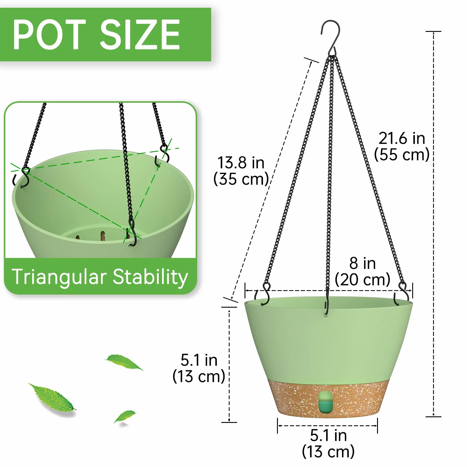 ZMTECH Pot de Fleurs Suspendu 20 cm avec Plateau à Niveau d'Eau Visible, Drainage, Soucoupe, Vert, Lot de 2
