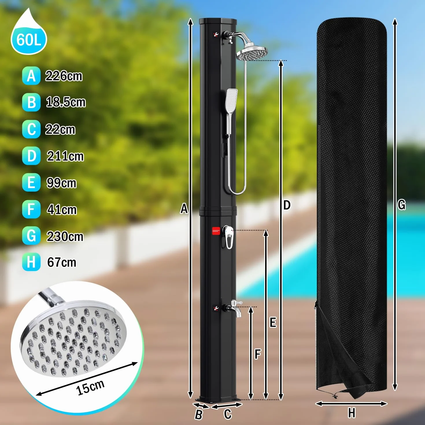 Douche Solaire de Jardin 60 l - Eau Chaude jusqu'à 60 °C - sans raccordement électrique