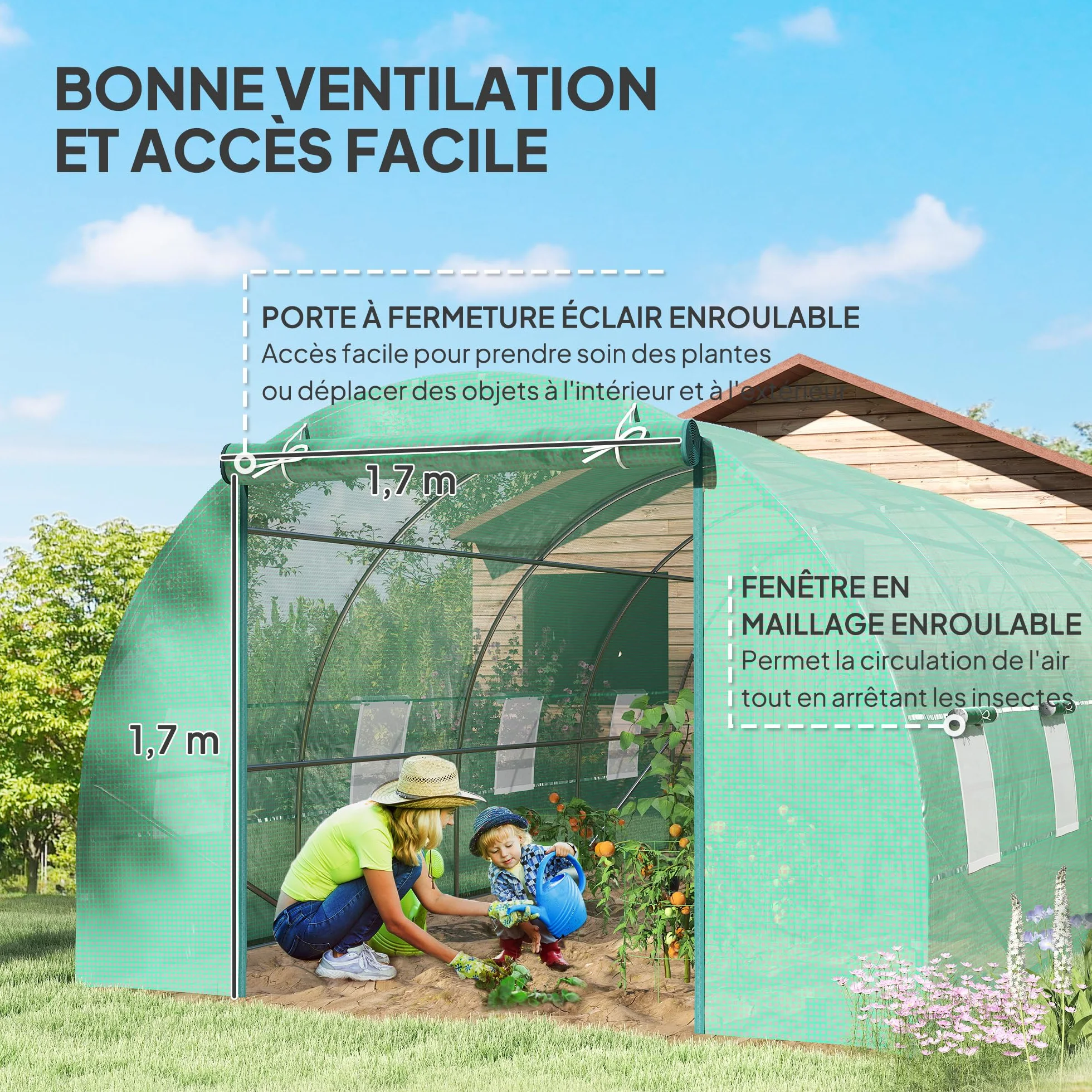 Serre de Jardin Tunnel 6L x 3l x 2H m Acier galvanisé renforcé 2,5 cm 8 fenêtres 1 Porte Vert