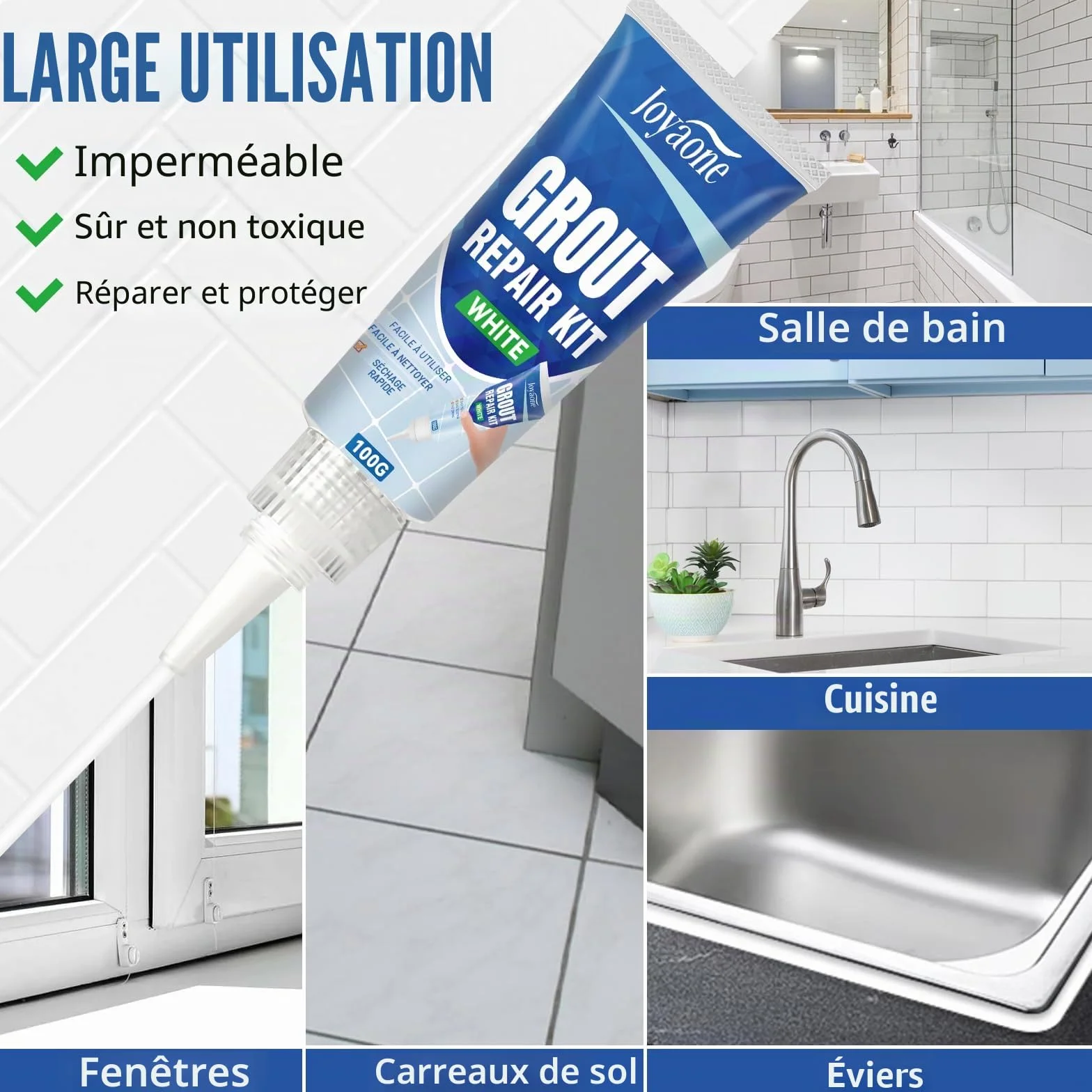 Kit de réparation de carrelage blanc à séchage rapide pour joints de salle de bain, douche, sols et murs (Blanc 100 g x 2)