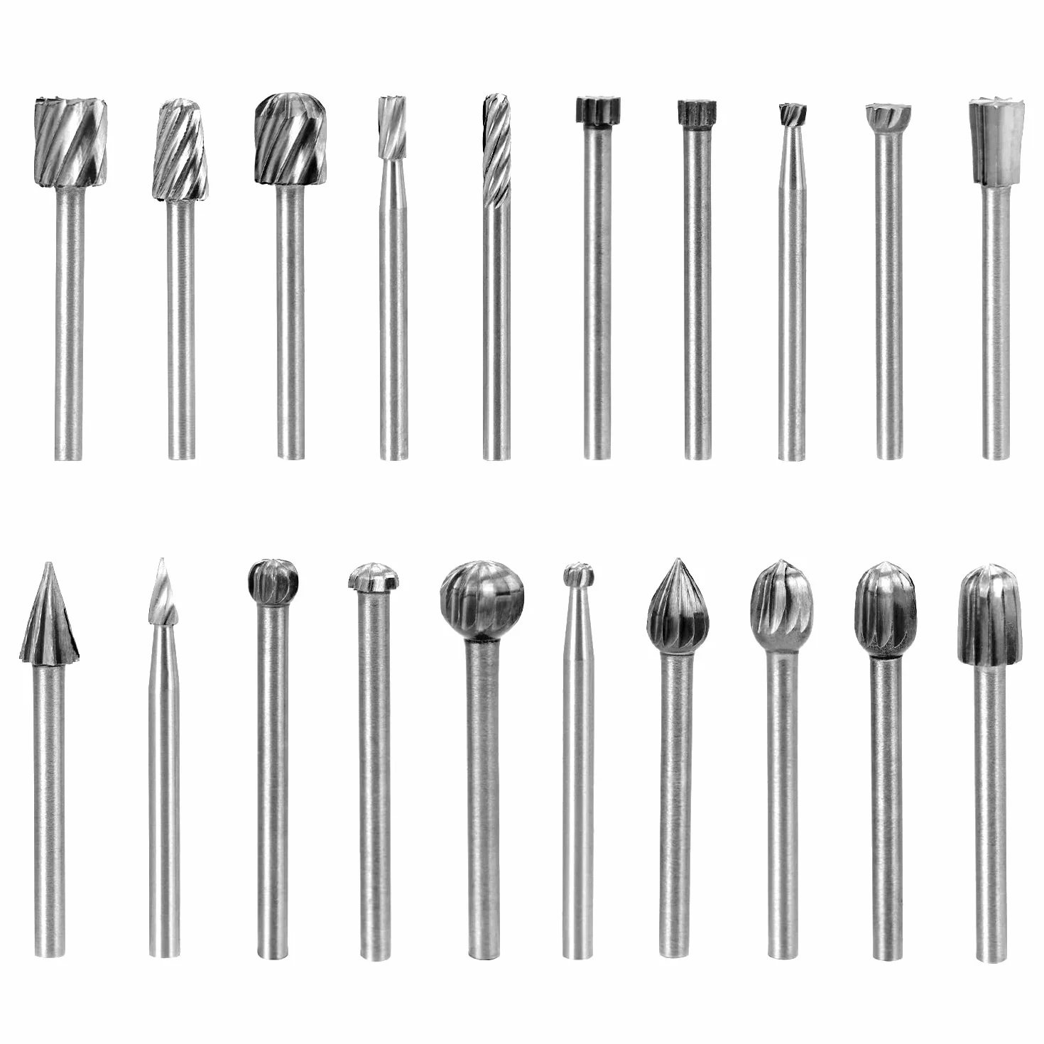 QWORK® Jeu de 20 Fraises Rotatives en Carbure HSS, Tige 1/8'' (3mm), Compatible avec Dremel, Outil Rotatif pour Bois, Métaux, Sculpture, Gravure, Polissage