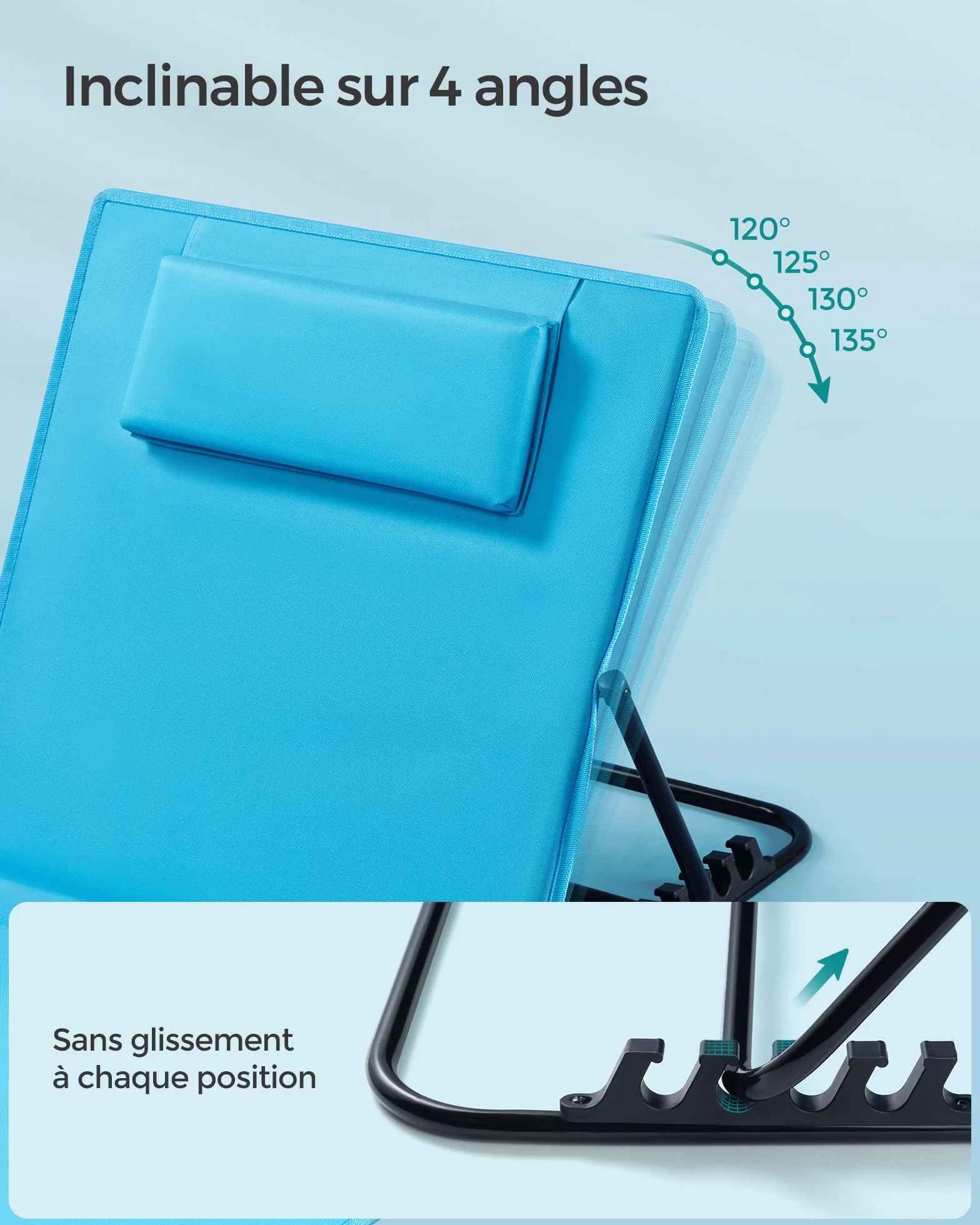SONGMICS Chaise Longue Transat de Plage 158x55 cm Bleu Ciel Dossier Inclinable Appui-tête Portable