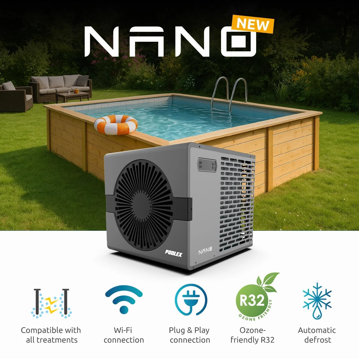 POOLEX Nano B5 Pompe à chaleur réversible piscine 5 kW 30 m³ dégivrage automatique intelligent Ultra-compacte Plug&Play