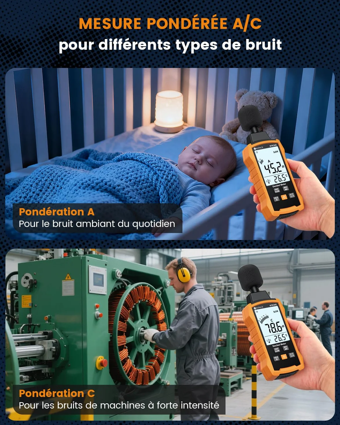 Neoteck Sonomètre Numérique Portable 30–130dB – Décibelmètre A/C Pondéré, Réponse Rapide et Lente, Écran LCD Rétroéclairé, Données MAX/MIN et Maintien, Professionnel pour Maison, Bureau, Usine