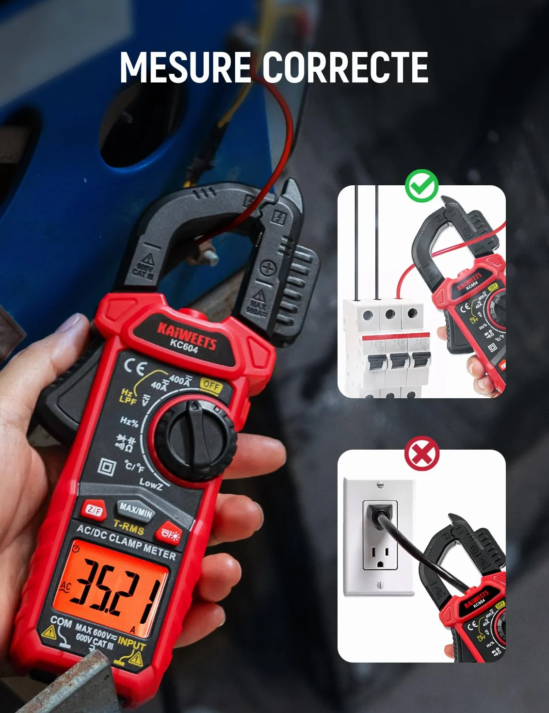 KAIWEETS Pince Ampèremètre AC/DC, Pince Multimètre Mesurer la Tension AC/DC/Courant/Température/Continuité/Diode/NCV, Pince Ampèremétrique avec Lampe de Poche, Rétro-éclairage, Mâchoire-D, KC604