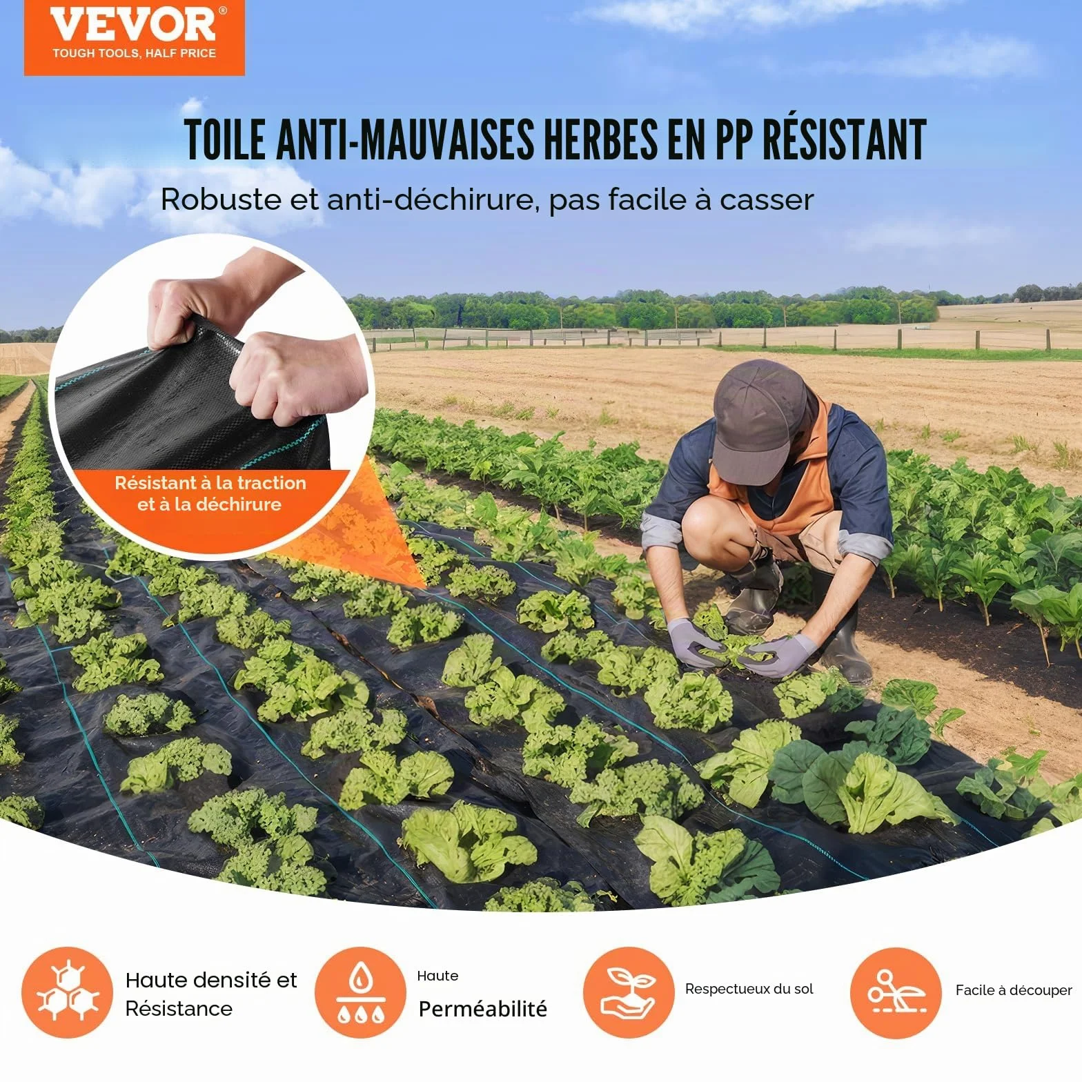 VEVOR Toile de Paillage Anti-Mauvaises Herbes 1,8x30,5 m Géotextile Tissé 108 g/m² PP Perméable Résistant Déchirure Couvre-sol Noir