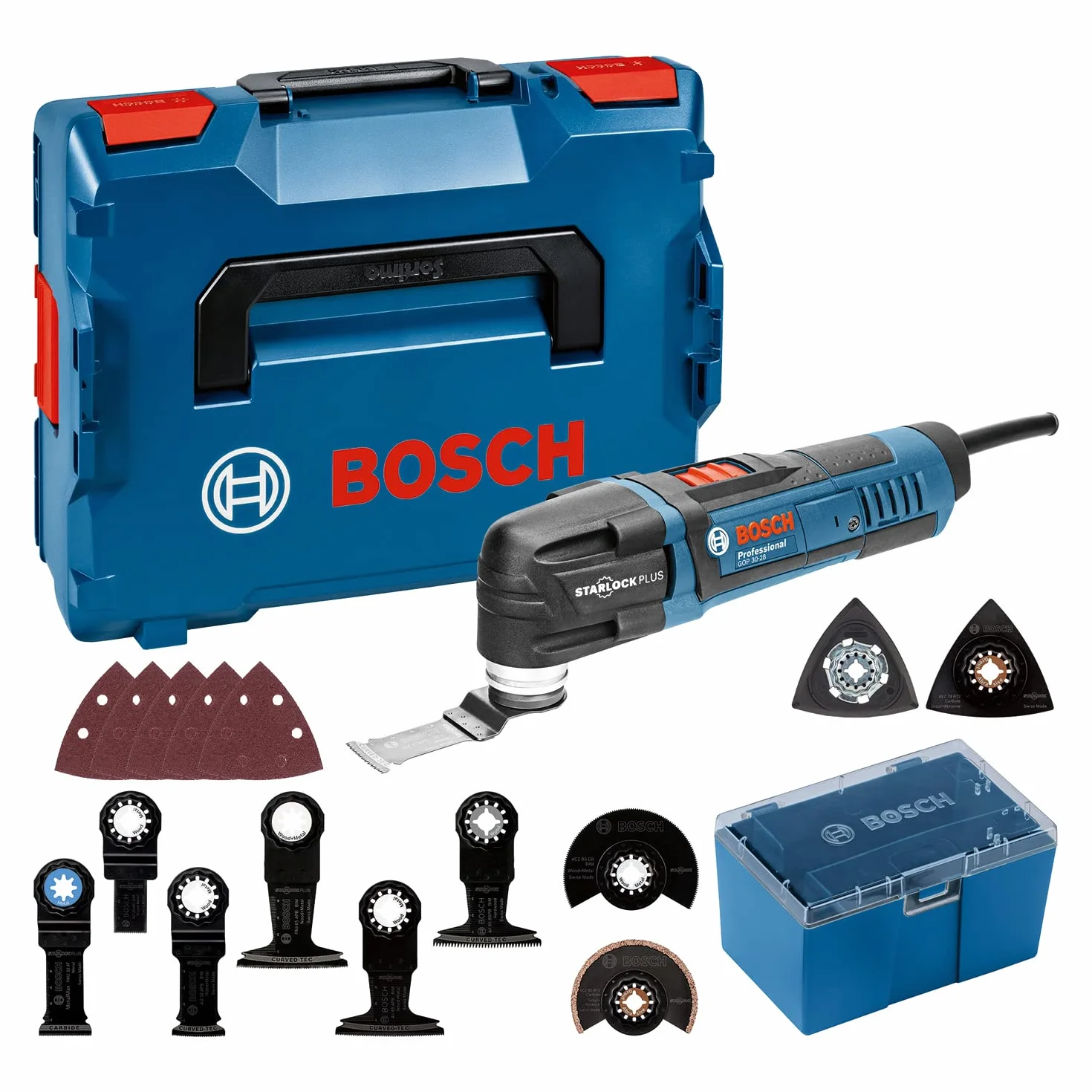 Bosch Professional découpeur-ponceur GOP 30-28 (7 lames plongeantes BIM Starlock, 2 lames segments BIM Starlock, 1 plateau concrétion carbure, 5 feuilles abrasives, 1 plateau triangulaire, L-BOXX)