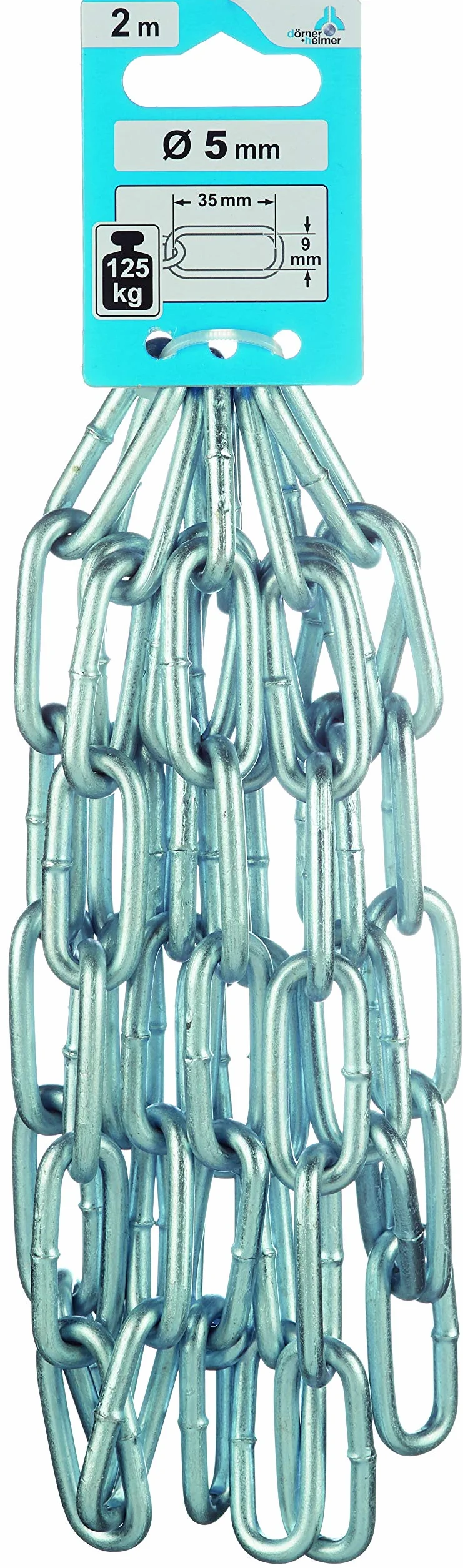 Dörner + Helmer Chaîne en acier rond, épaisseur 5 mm, longueur 2 m, acier galvanisé, maillons longs, capacité de charge 125 kg, argent