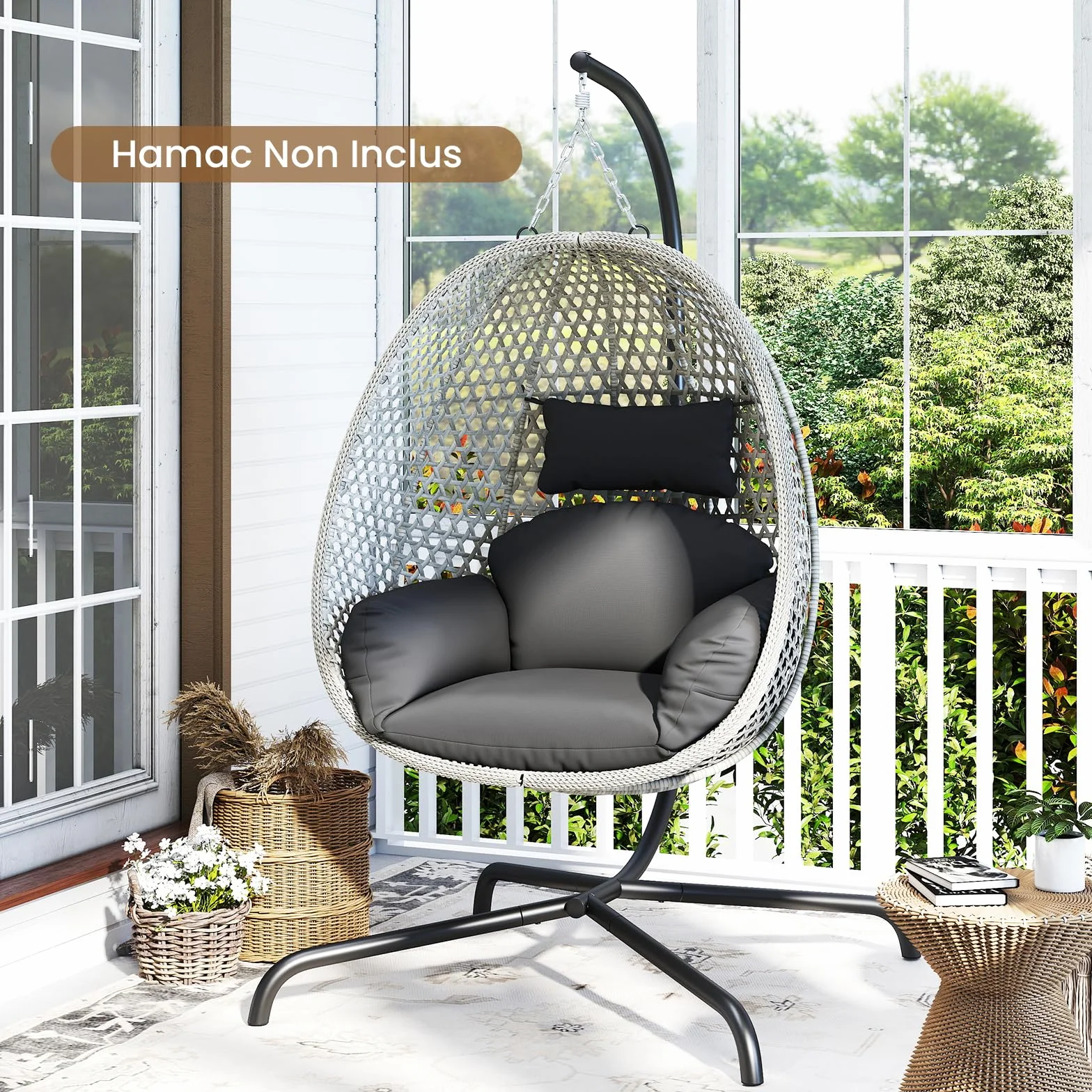 GOPLUS Support Hamac Exterieur Métal Robuste Pied Fauteuil Suspendu Forme C Crochets Ressort Charge 180 KG Jardin Balcon