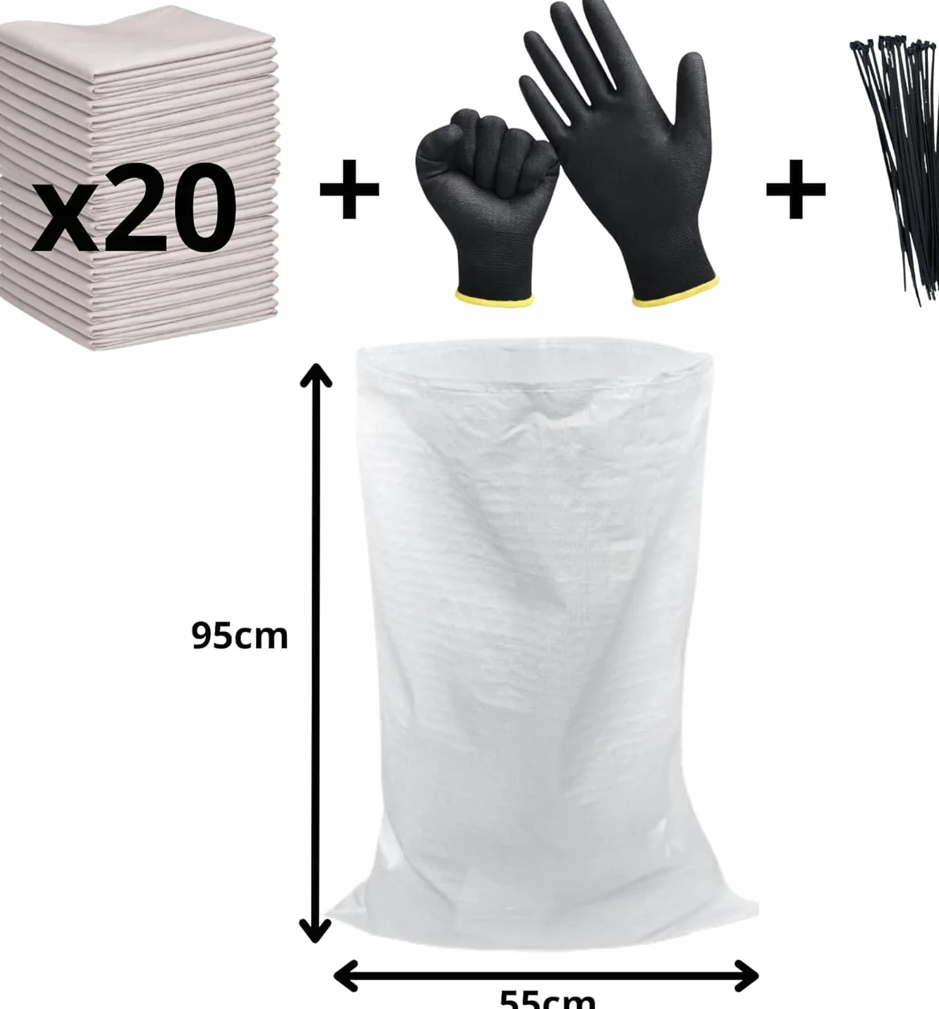 Sacs de Chantier Renforcés Gravat 95x55 cm 55 kg Polypropylène Tissé Haute Résistance Lot de 20