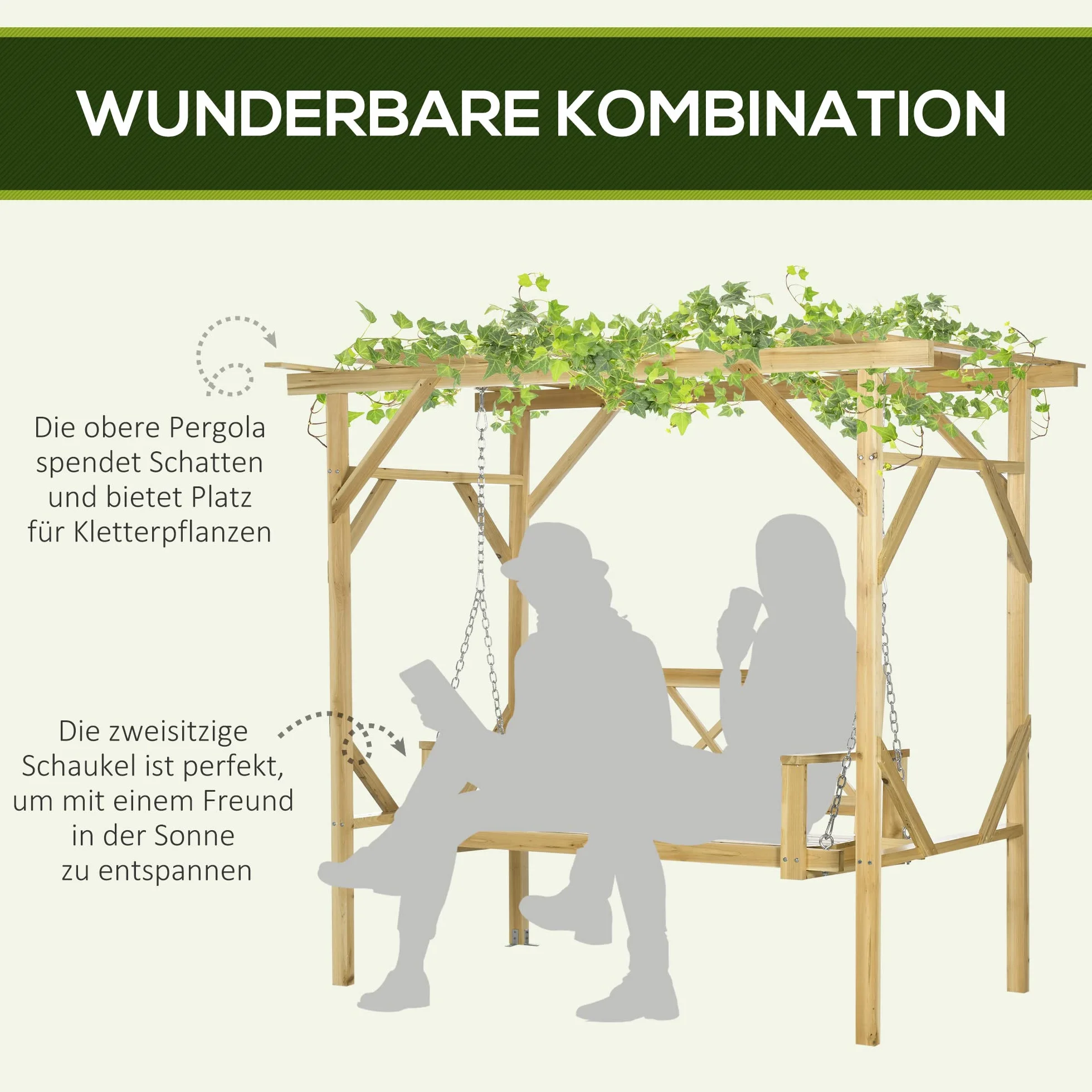 Balançoire Hollywoodienne Outsunny avec Pergola, Banc 2 Places, Bois Massif, 221x140x196 cm