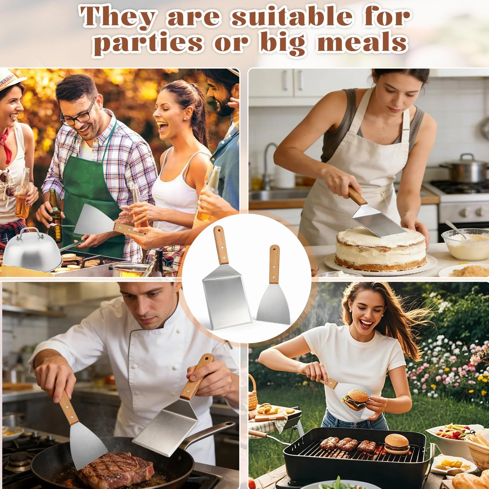 Spatule Cuisine Extra Large en Acier Inoxydable avec Poignée en Bois pour Grillades Hamburgers