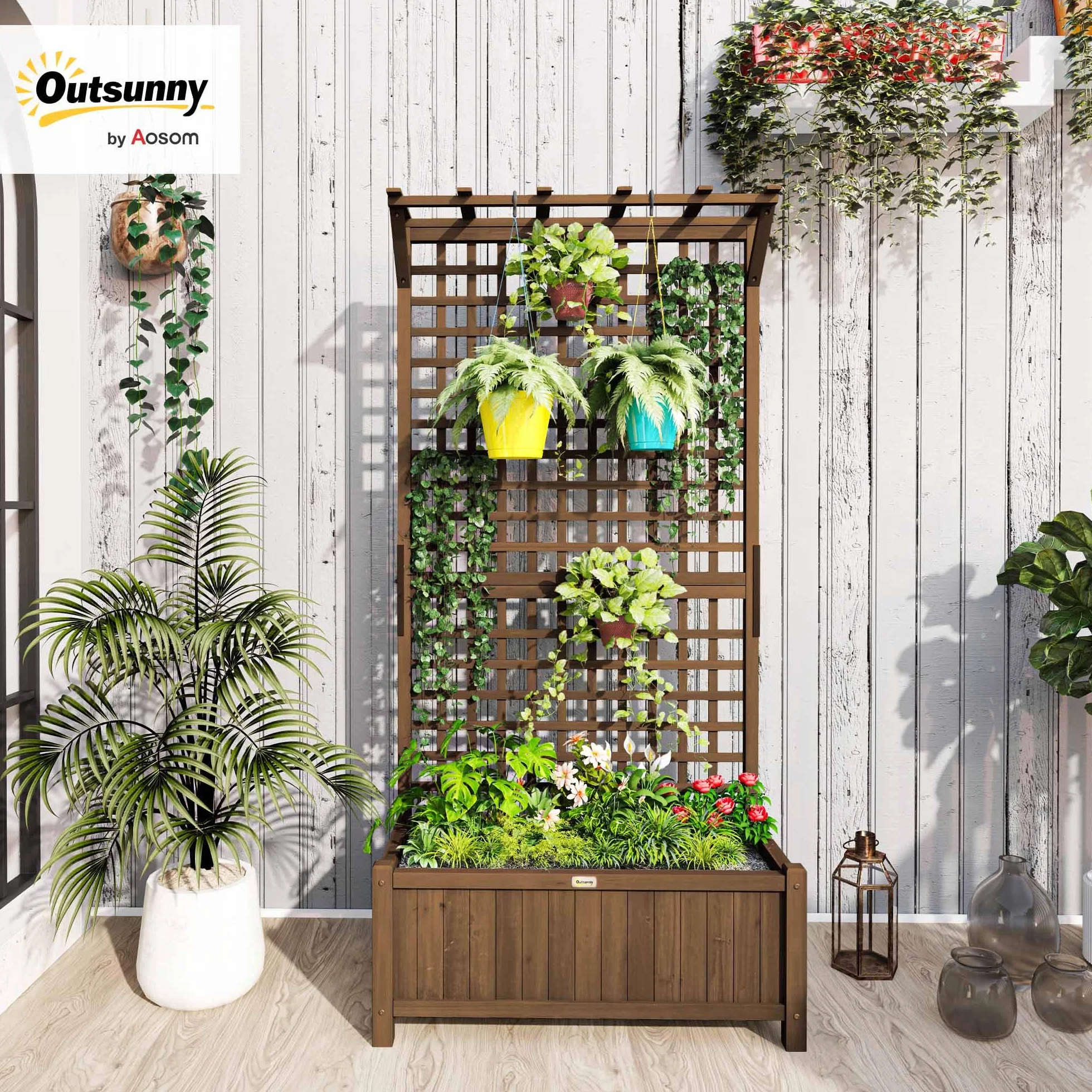 Outsunny Jardinière en Bois Treillis Plantes Grimpantes Plate-Bande Surélevée Trous Drainage