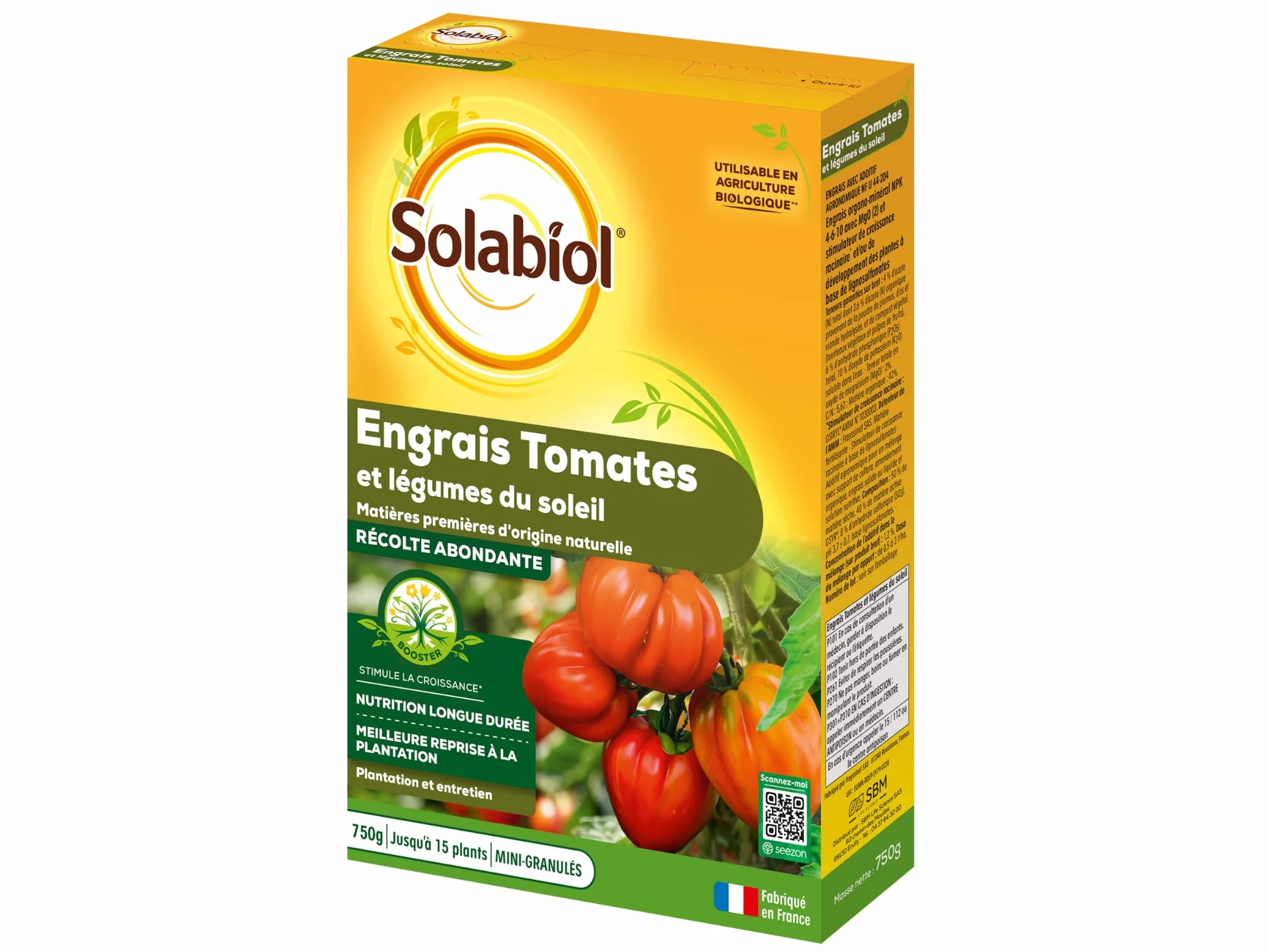 SOLABIOL Engrais Tomates & Légumes Du Soleil 750g Jusqu'à 15 Plants Nutrition Longue Durée Agriculture Biologique