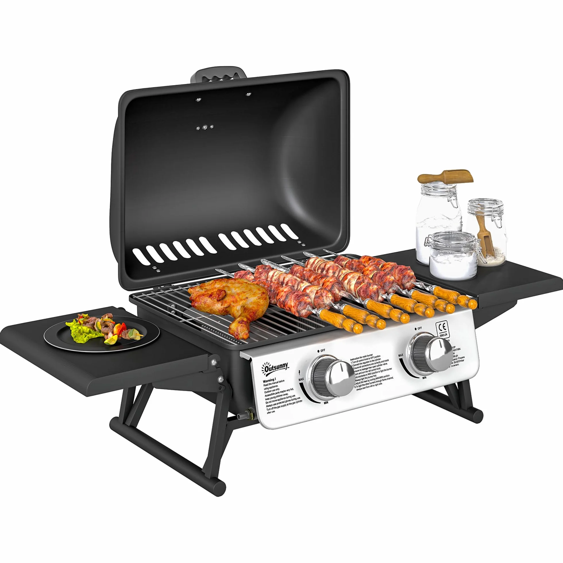 Outsunny Barbecue gaz de table transportable 2 brûleurs 5,6 kW avec grille de cuisson noir
