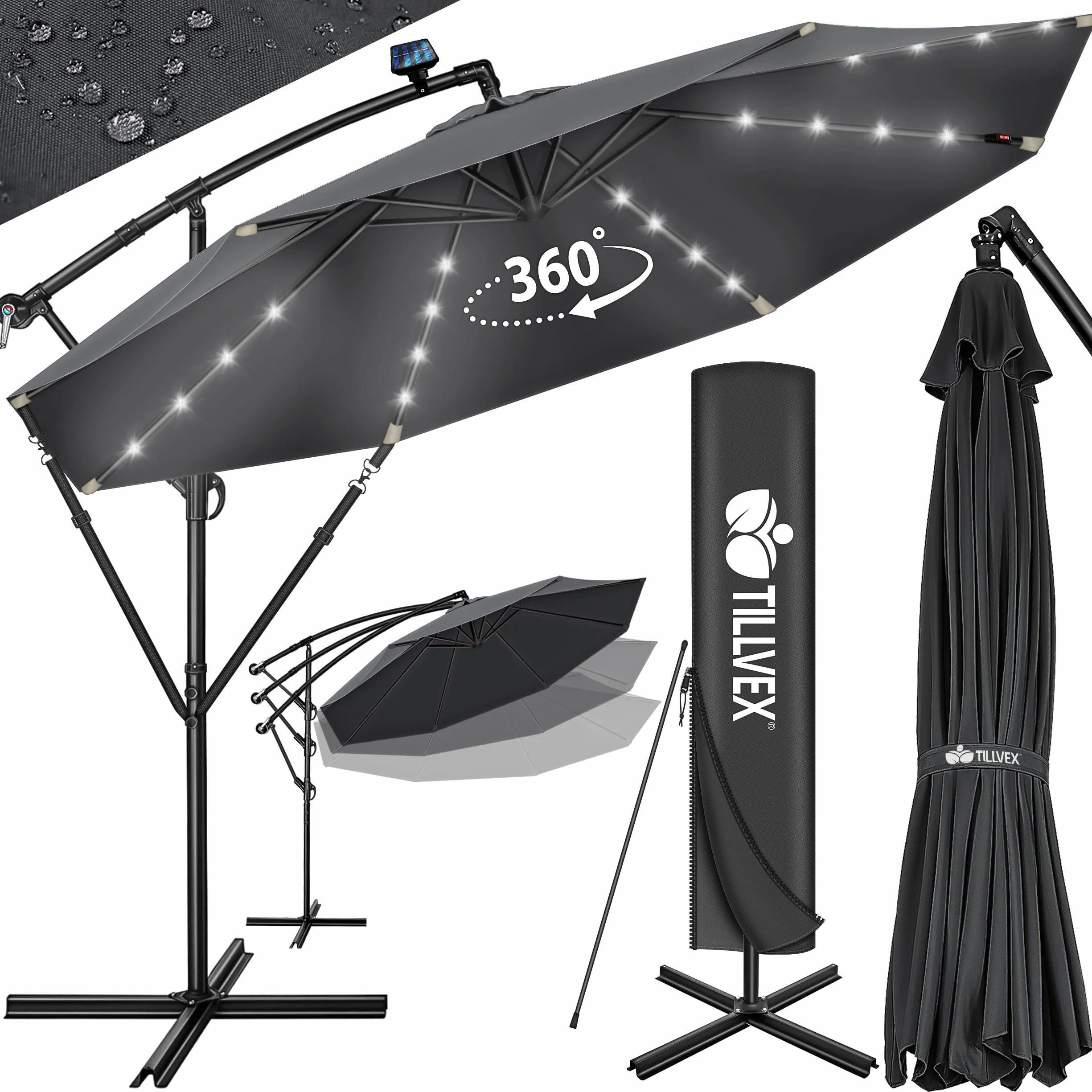 Parasol déporté LED solaire hexagonale 3M avec manivelle Protection UV en aluminium pour jardin