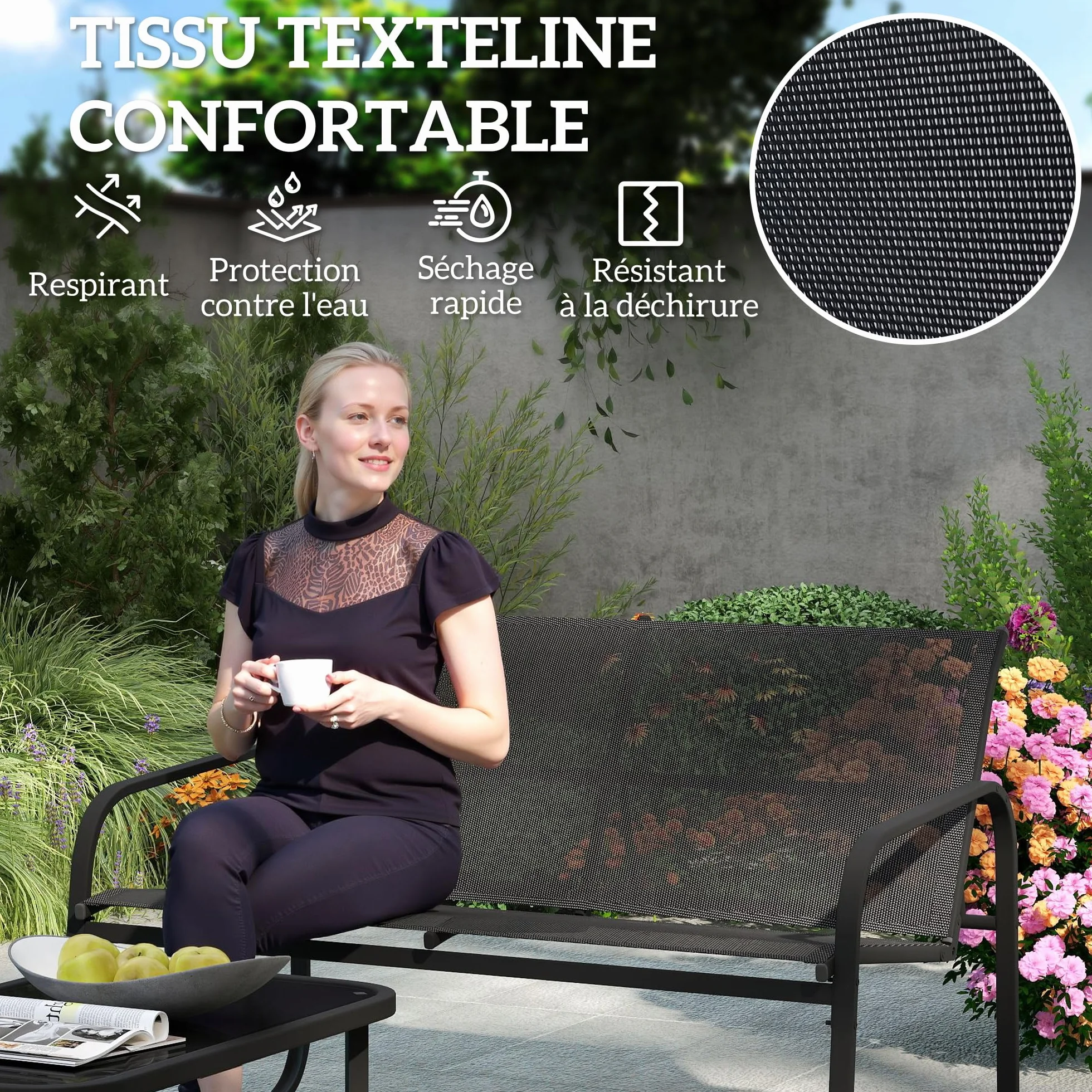 Outsunny Salon de Jardin 5 pièces Acier textilène 2 fauteuils canapés Table Basse Verre trempé Gris