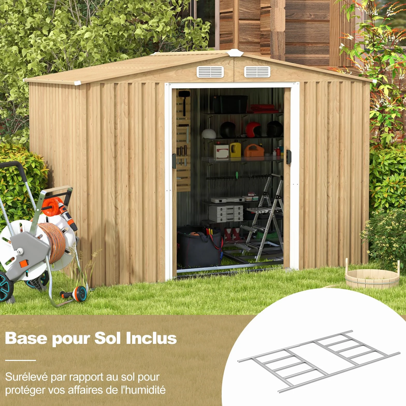COSTWAY Abri de Jardin 5㎡ Acier Galvanisé Anti-UV 259x196x184 cm Cabane Exterieur 7m³ Porte Coulissante