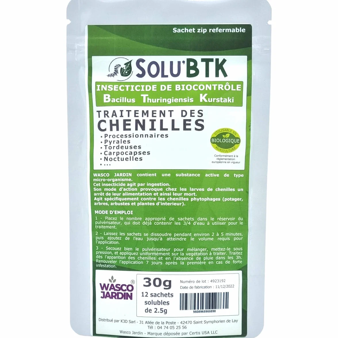 Insecticide Bacillus Thuringiensis Kurstaki 30 g 40 L Chenilles Pyrales Tordeuses Carpocapses Noctuelles Agriculture Biologique