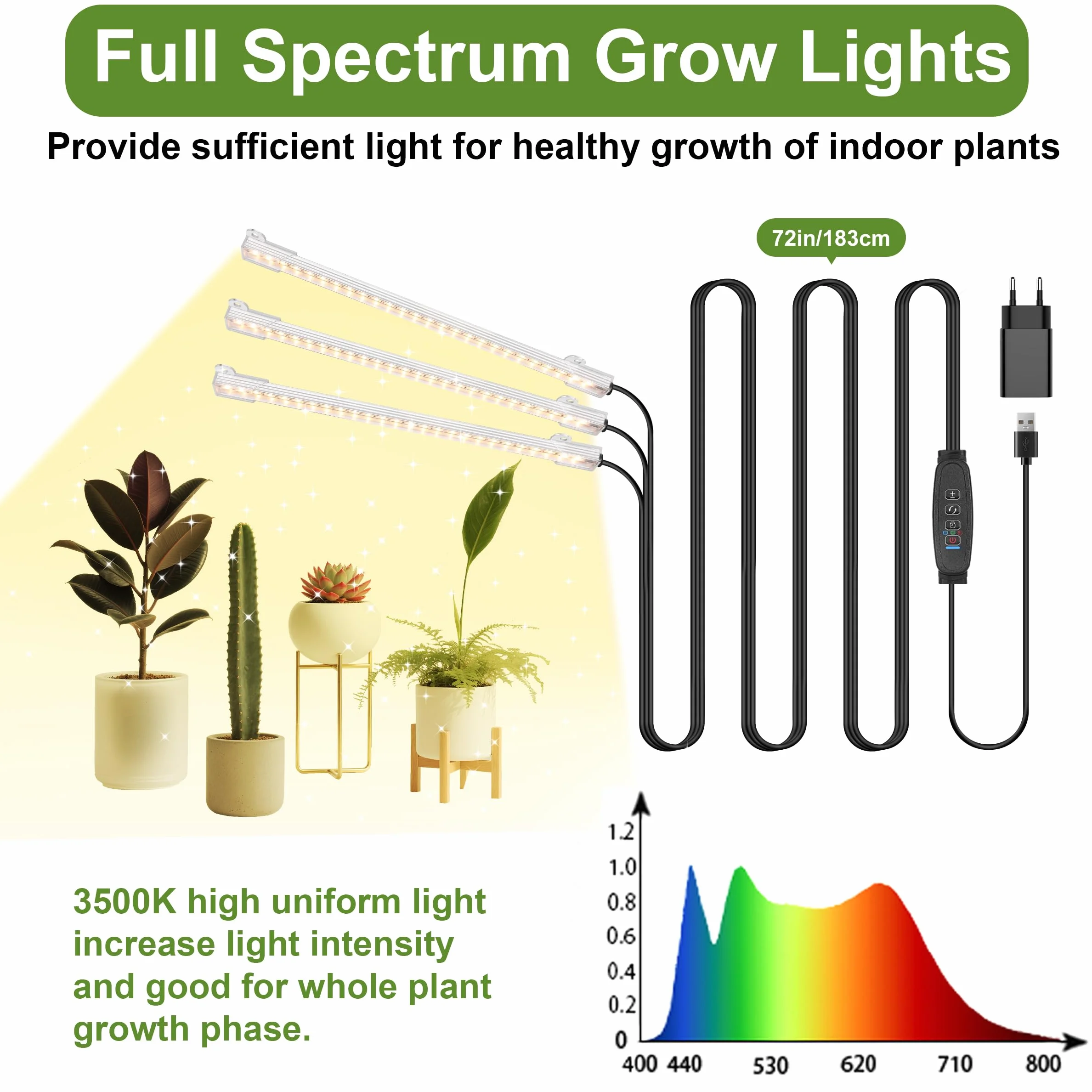 Bande LED croissance plantes spectre complet 3500 K 3 têtes 22 cm minuterie 3/9/12 h 10 niveaux variation
