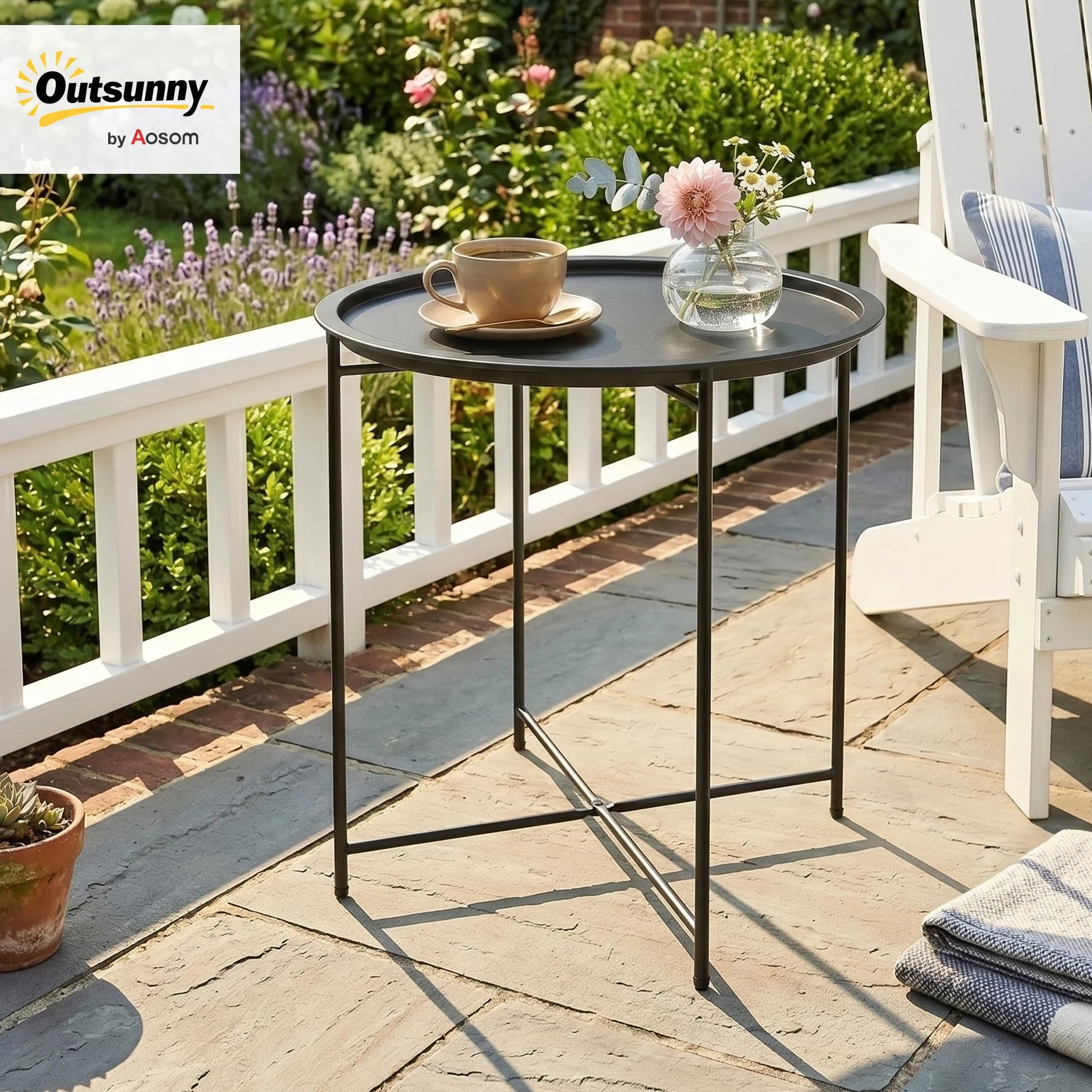 Outsunny Petite Table Basse Ronde d'Appoint de Jardin en Acier avec Plateau Amovible, Noir