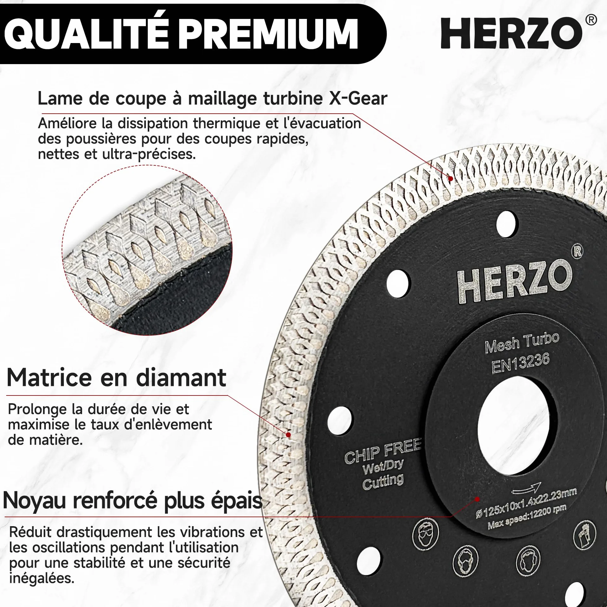 HERZO Disque Diamant 125 mm x 22,23 mm pour Carrelage - Disque Diamant 125 mm pour Carrelage, Grès Cérame, Porcelaine et Céramique