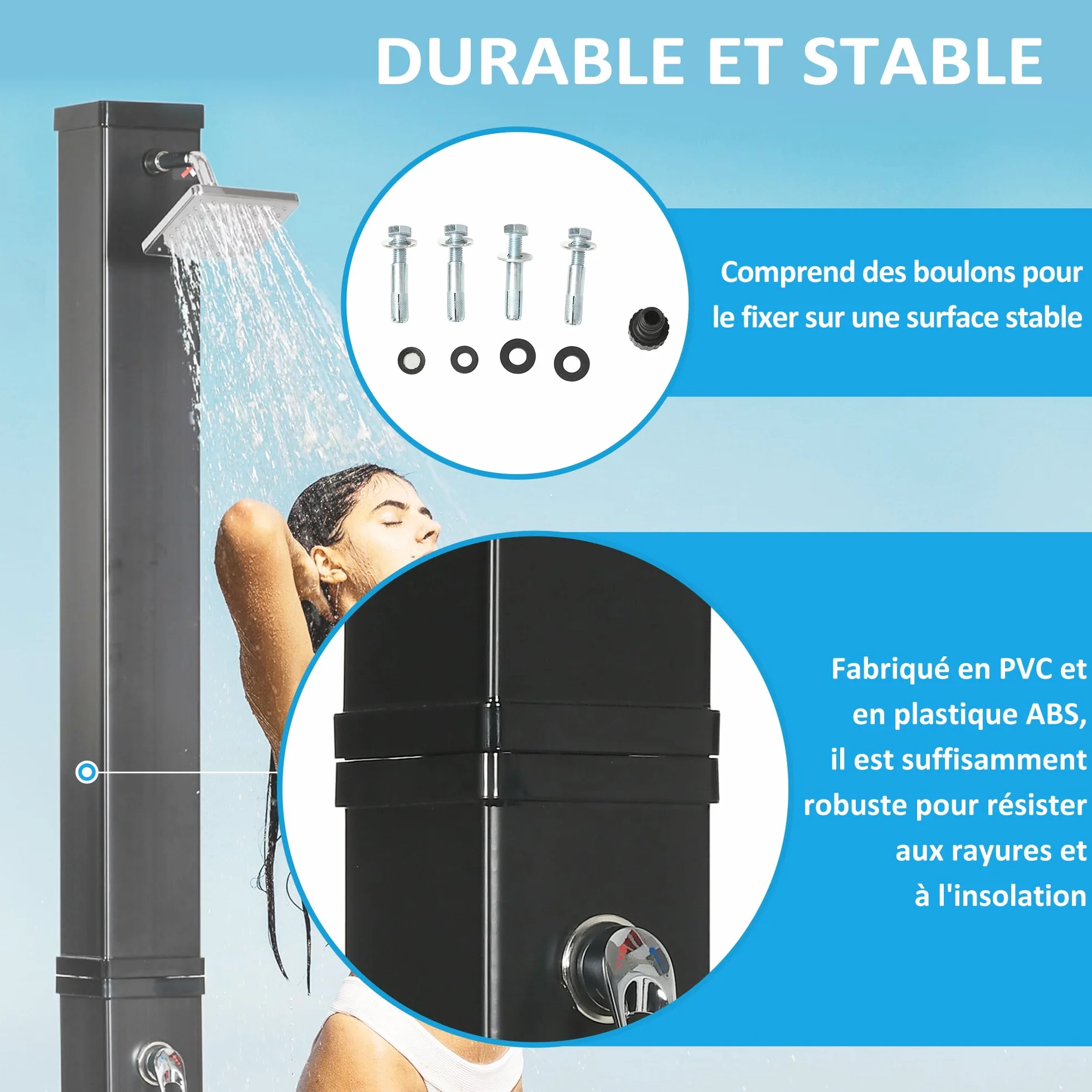 Outsunny Douche Solaire de Jardin 40L Tête Rotative 360° Eau Chaude/Froide 60°C Sans Raccordement Électrique Noir