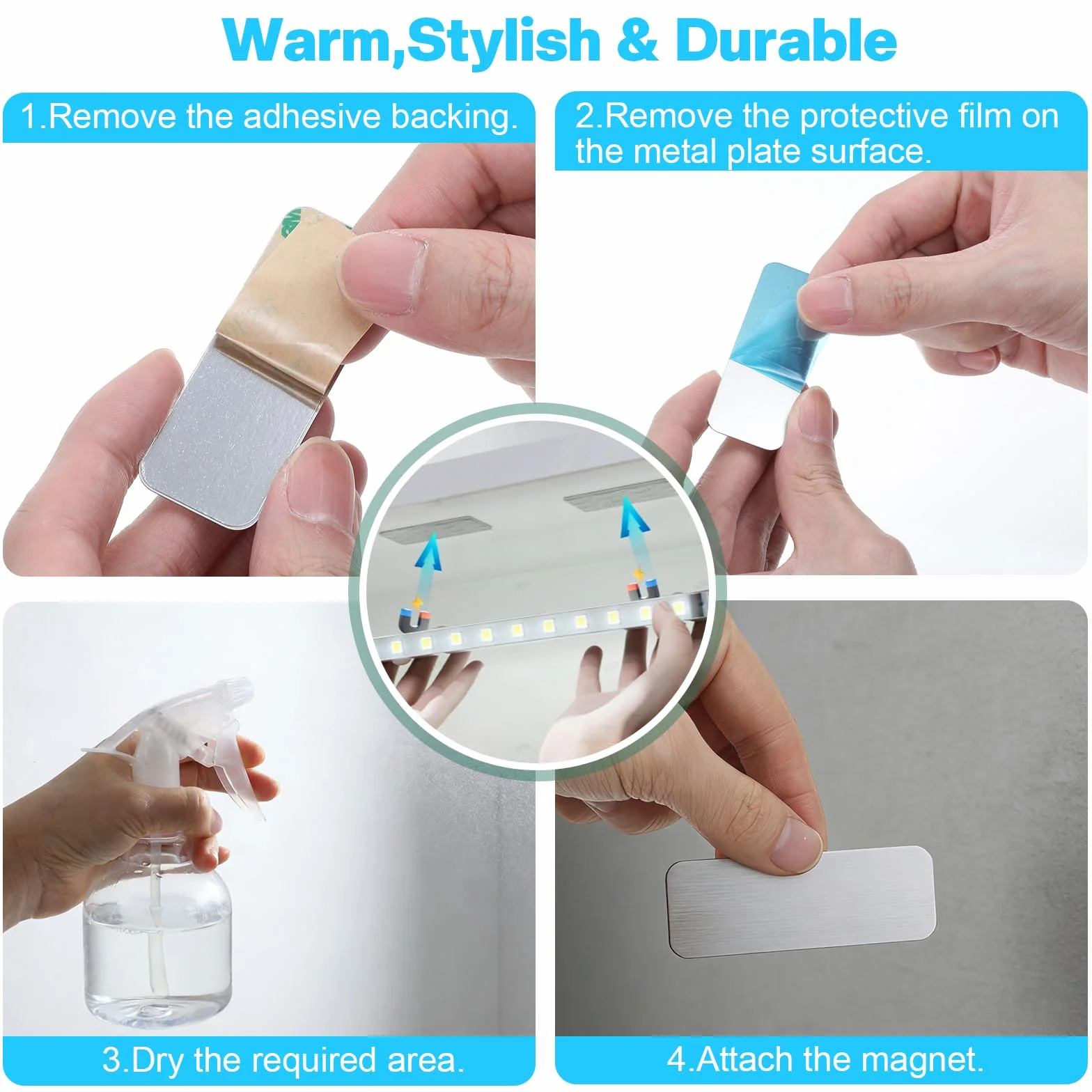 Lot de 16 plaques métalliques autocollantes pour aimants, support magnétique, bandes métalliques autocollantes, plaques d'acier rectangulaires de 1" x 2,75" pour aimants sur les fentes d'aération non