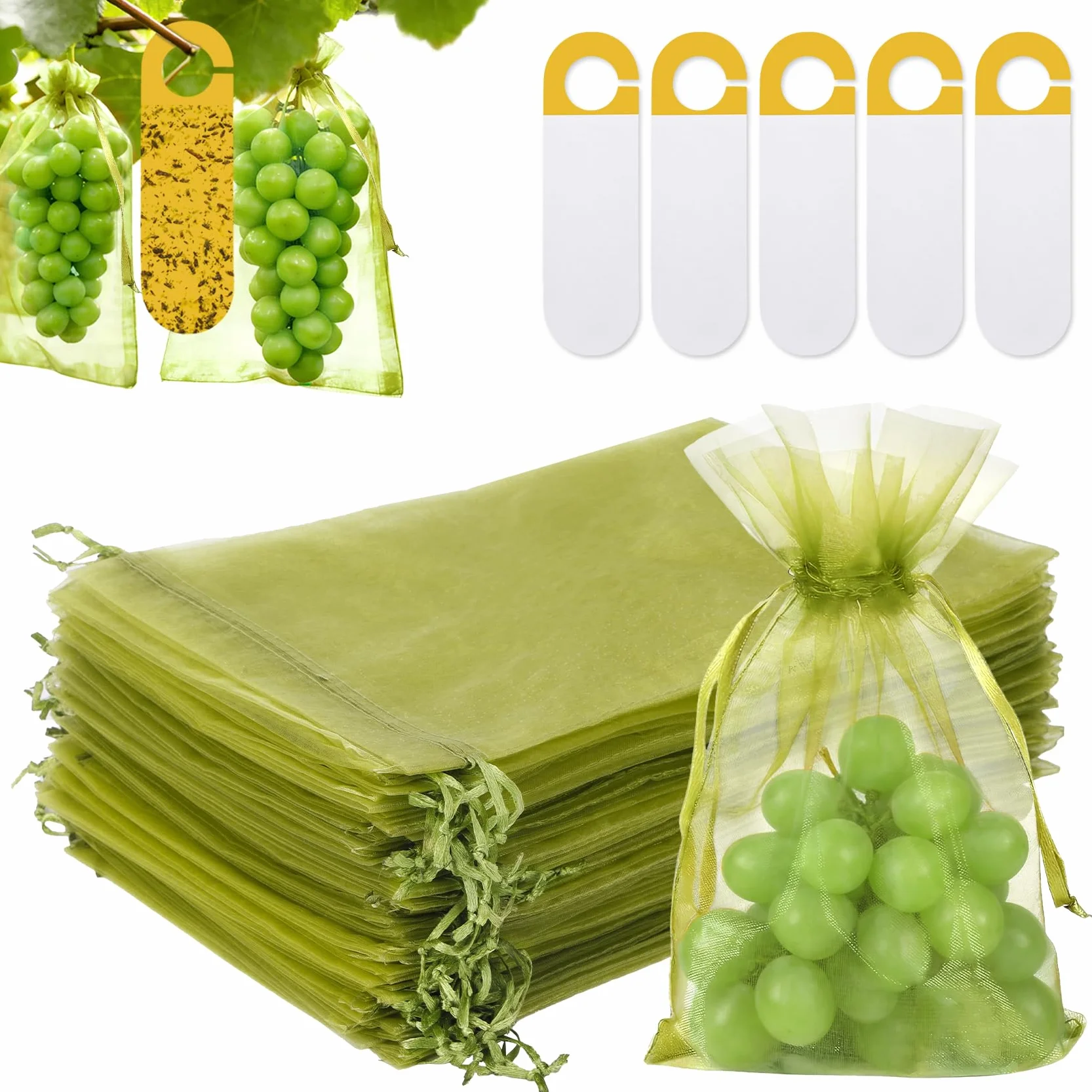 Sacs de Protection Fruits 30 x 40 cm Lot de 60 avec Cordon de Serrage et Pièges Adhésifs Jaunes