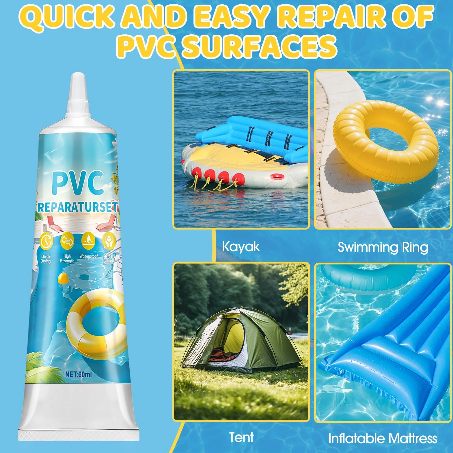 Kit de Réparation Piscine Colle PVC Rustine Matelas Gonflable Étanche 60ml