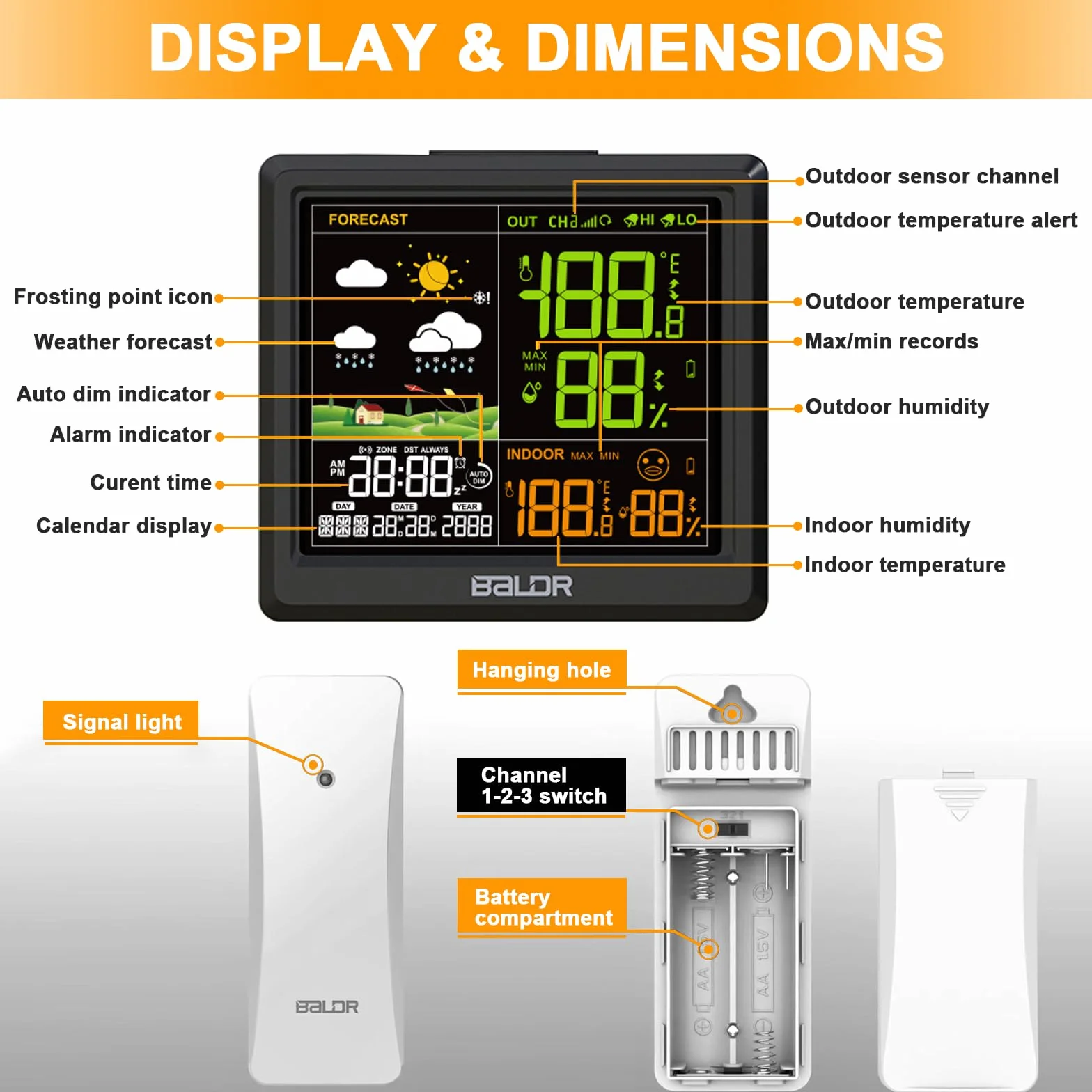 Station météo sans fil LEVIPE, thermomètre hygromètre baromètre intérieur extérieur avec capteur LED écran rétro-éclairage horloge numérique alarme snooze affichage heure date jour