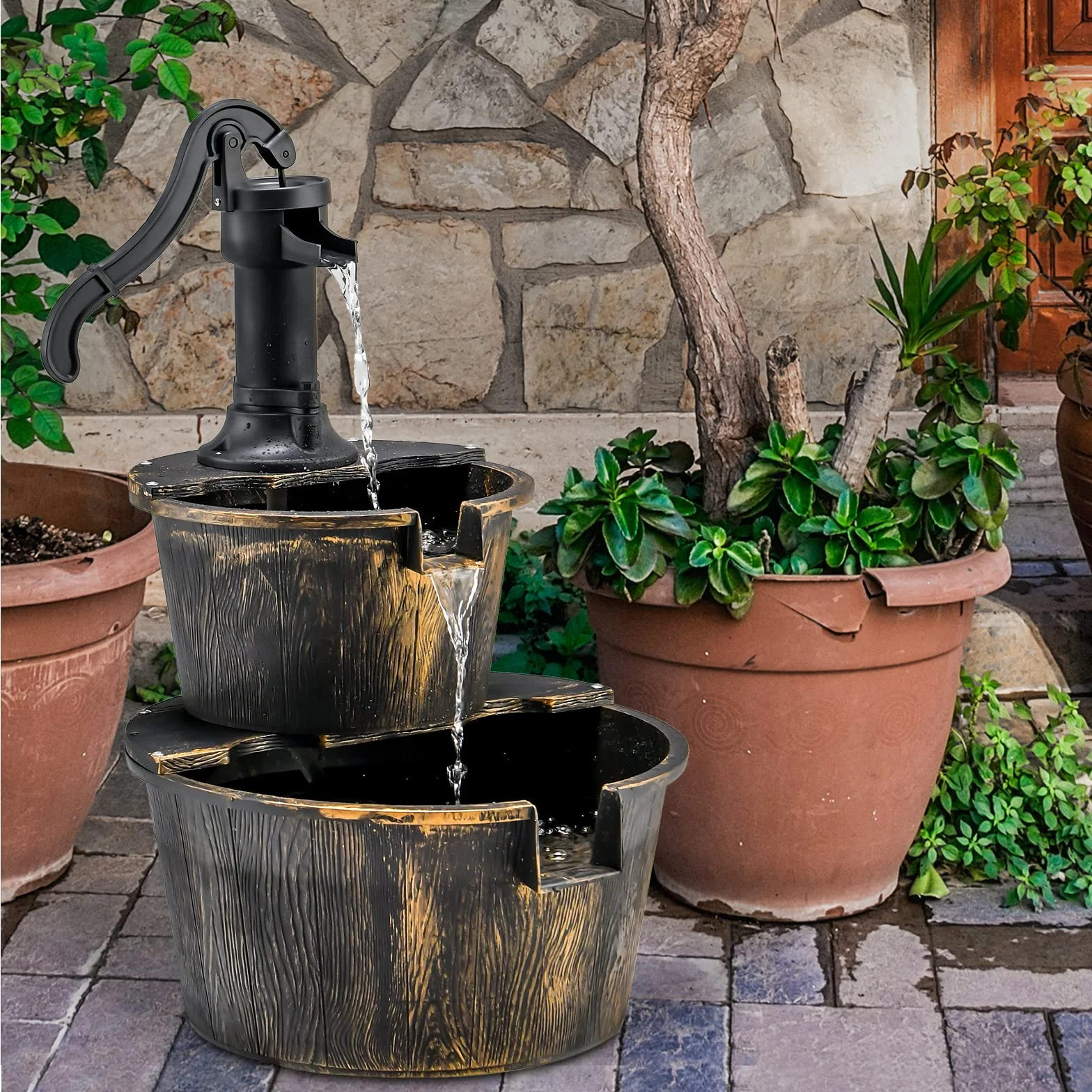 COSTWAY Fontaine Cascade Extérieure 2 Étages Pompe Réglable 68 cm PP Bronze Jardin