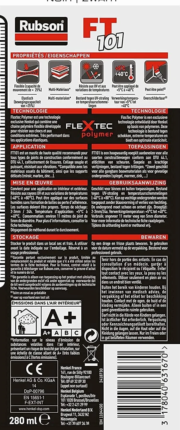 Rubson Mastic FT 101 Joint Fissure et Colle Noir (cartouche 280 ml) – Mastic polyvalent tous matériaux – Étanche et résistant