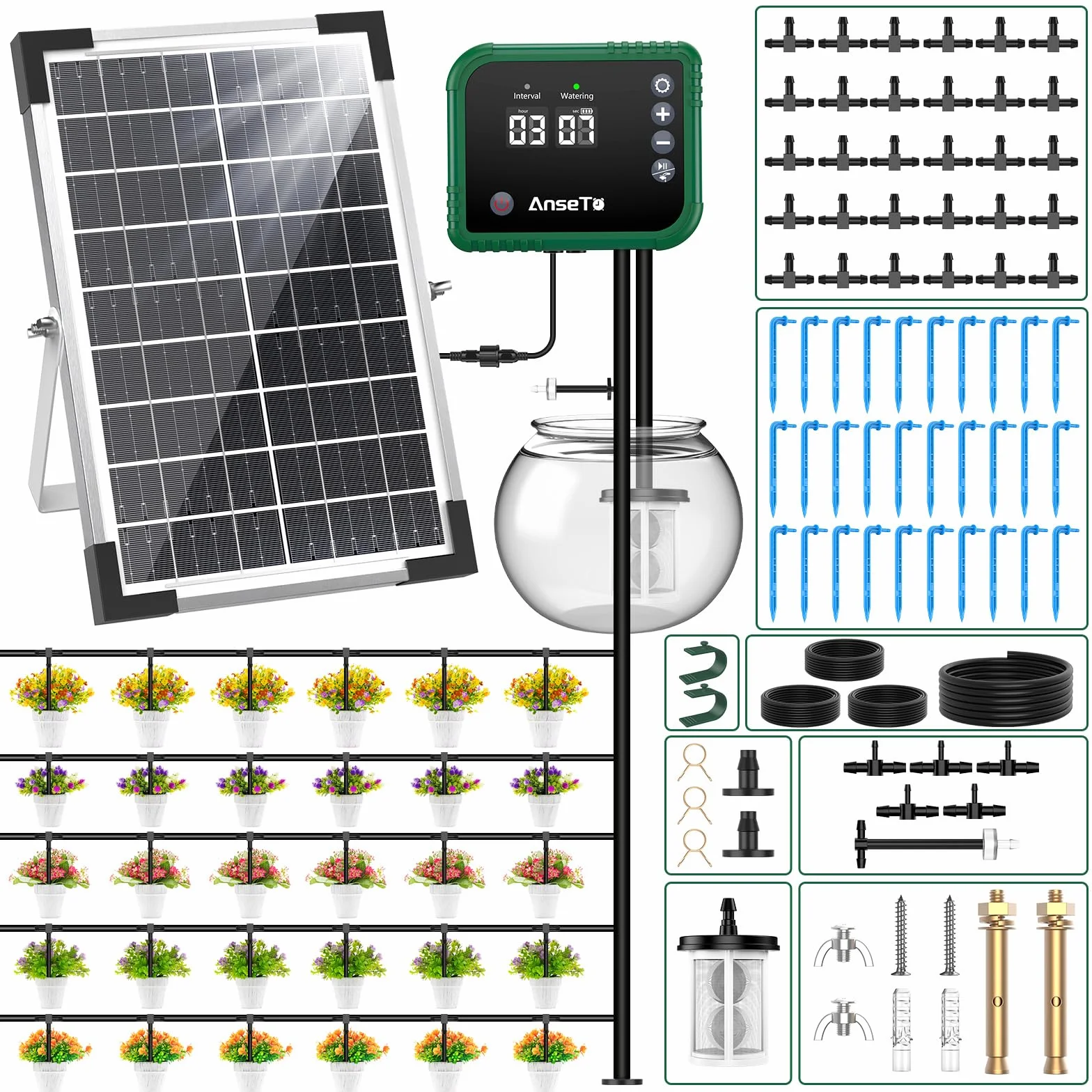 Kit Arrosage Goutte à Goutte Solaire 8 W avec Minuterie Intégrée, Tuyau 35M et 30 Goutteurs pour Jardin