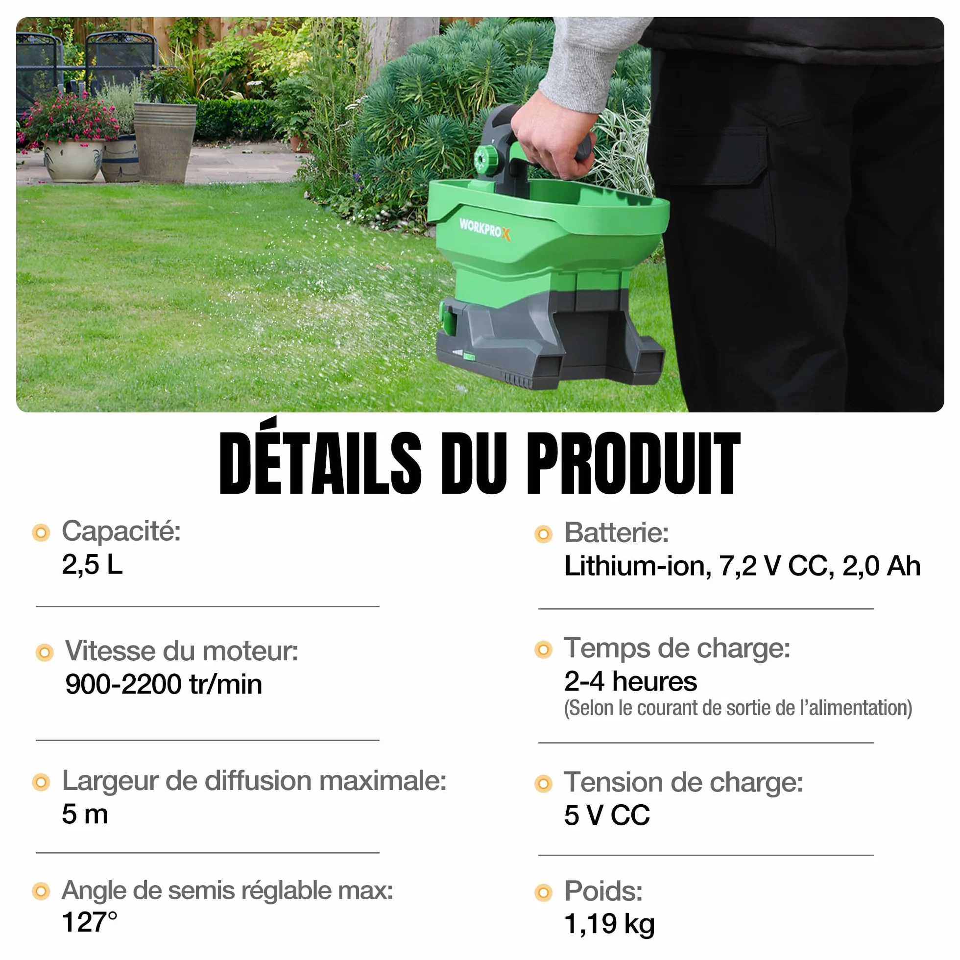 WORKPROX Épandeur de Graines Électrique 7,2 V 8 Débits 6 Vitesses Largeur Réglable Batterie Intégrée 2,0 Ah