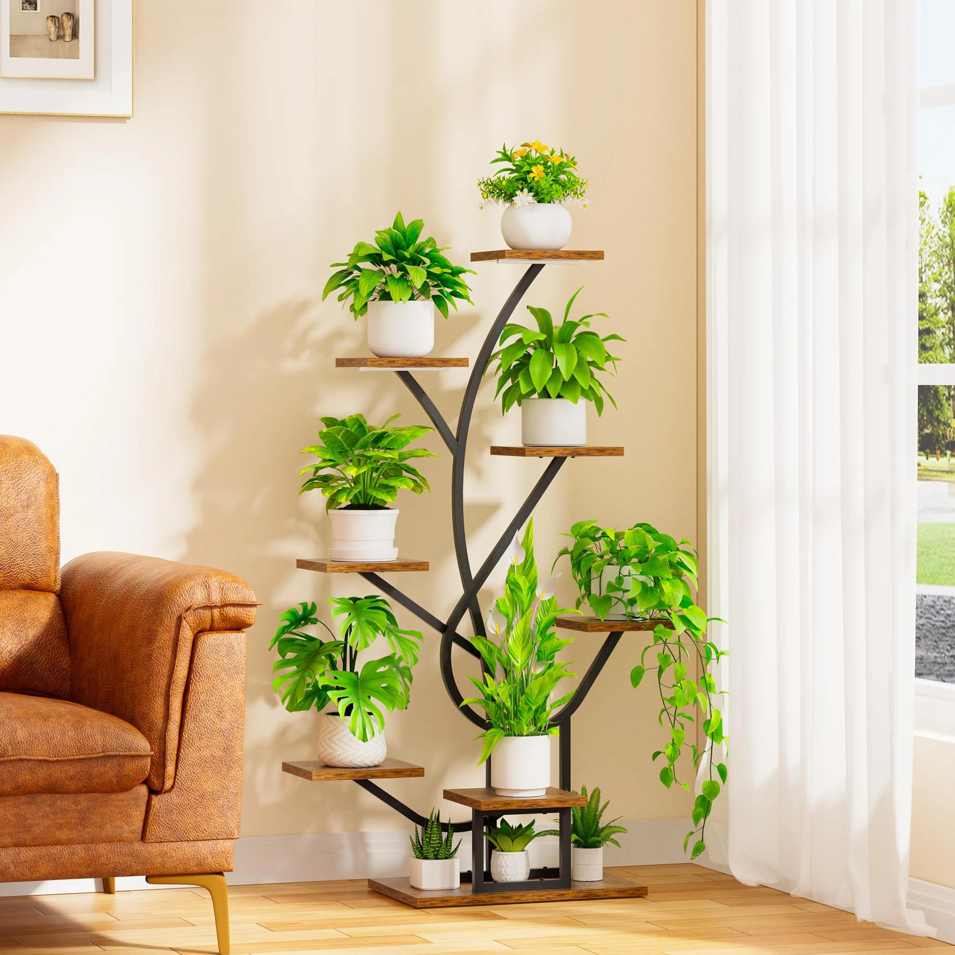 BACEKOLL Support pour plantes avec lumière de croissance 126 cm Métal Bois Noir Étagère à plantes