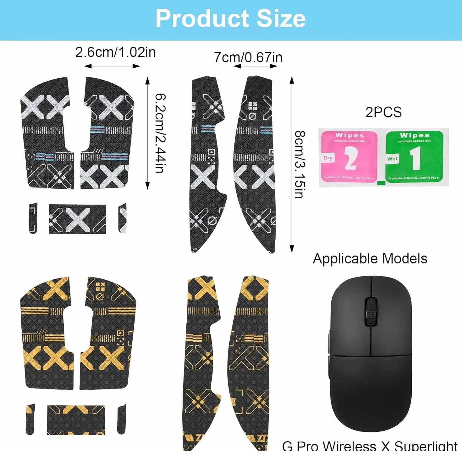 VOSSOT Lot de 2 bandes antidérapantes pour Logitech G Pro X Superlight - Antidérapantes et absorbent la transpiration - Avec forme 1:1 sur mesure - Noir et doré